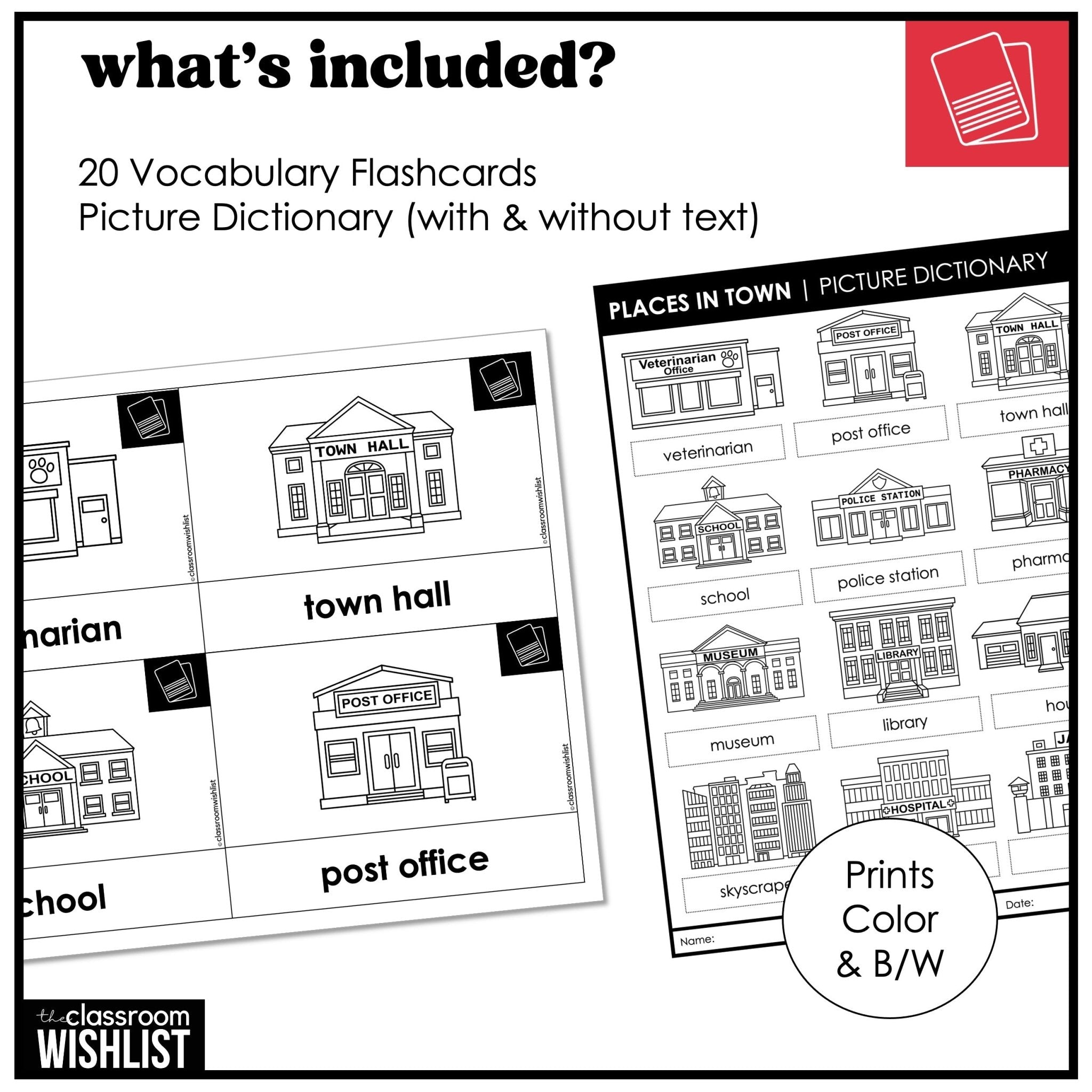 Places in Town Vocabulary Building ESL Flashcard Set: City Buildings - Hot Chocolate Teachables