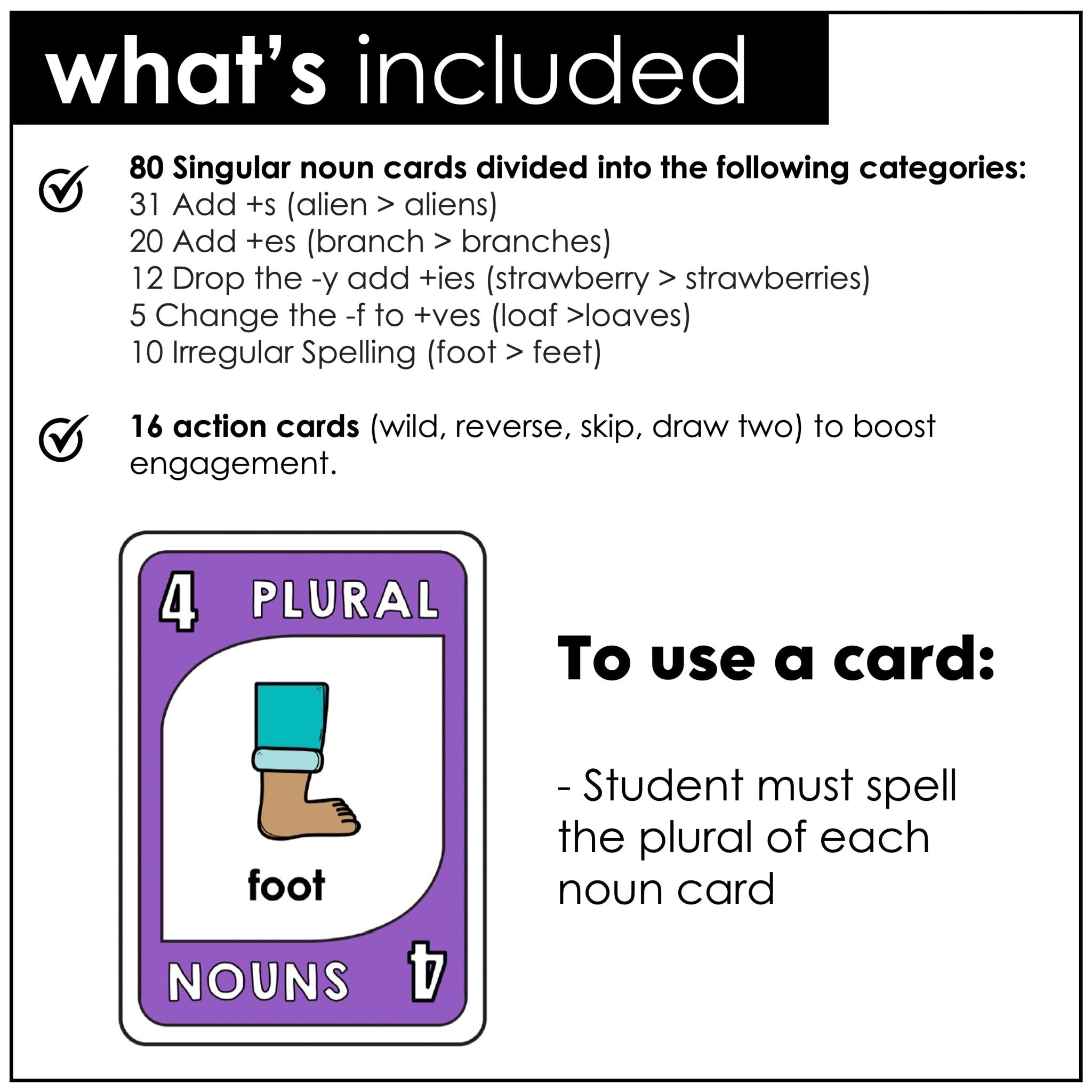 Plural Noun Endings card game - s, - es, - ies, and - ves and irregulars - Hot Chocolate Teachables