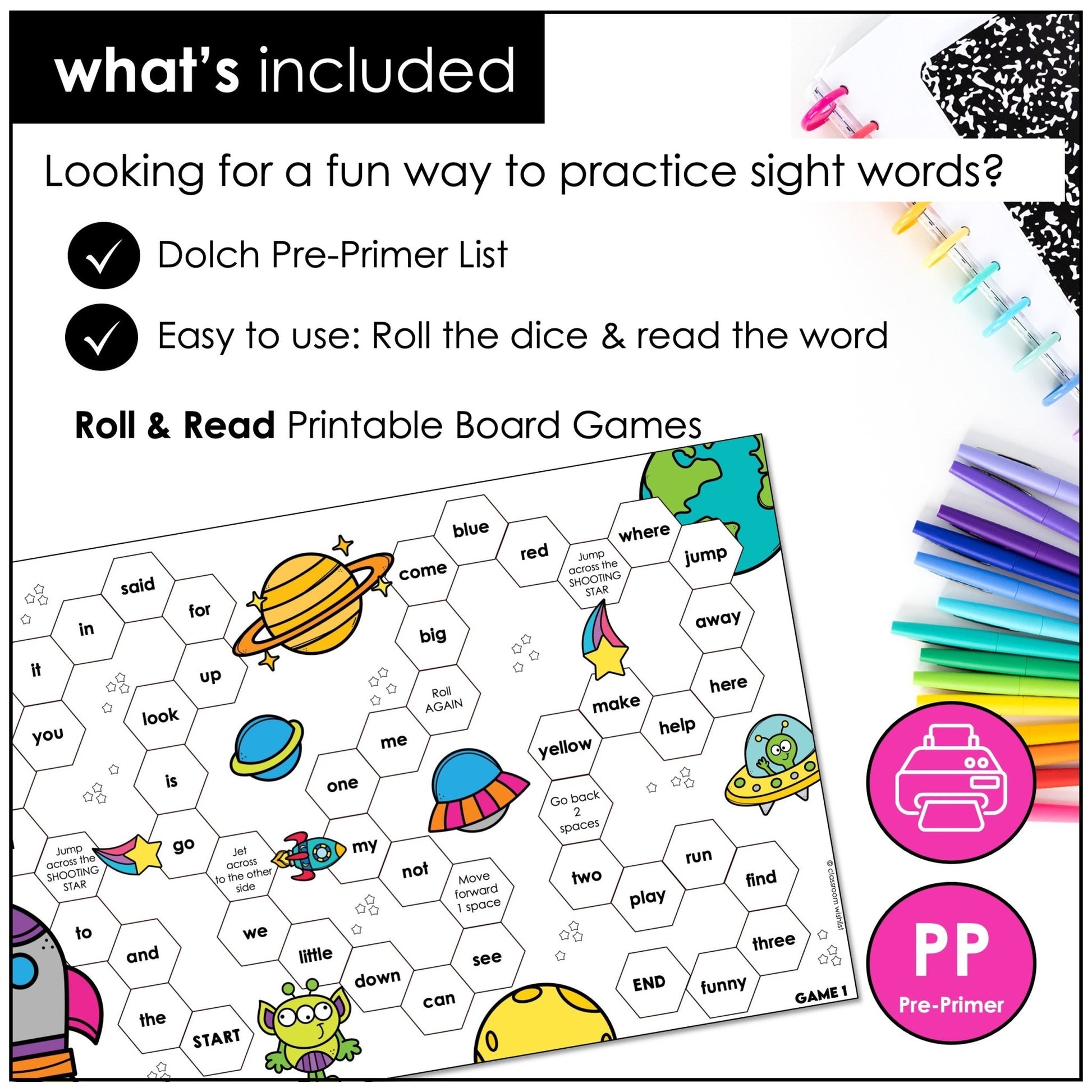 Pre - Primer Sight Words Board Game – Dolch Word Practice Roll & Read Activity - Hot Chocolate Teachables