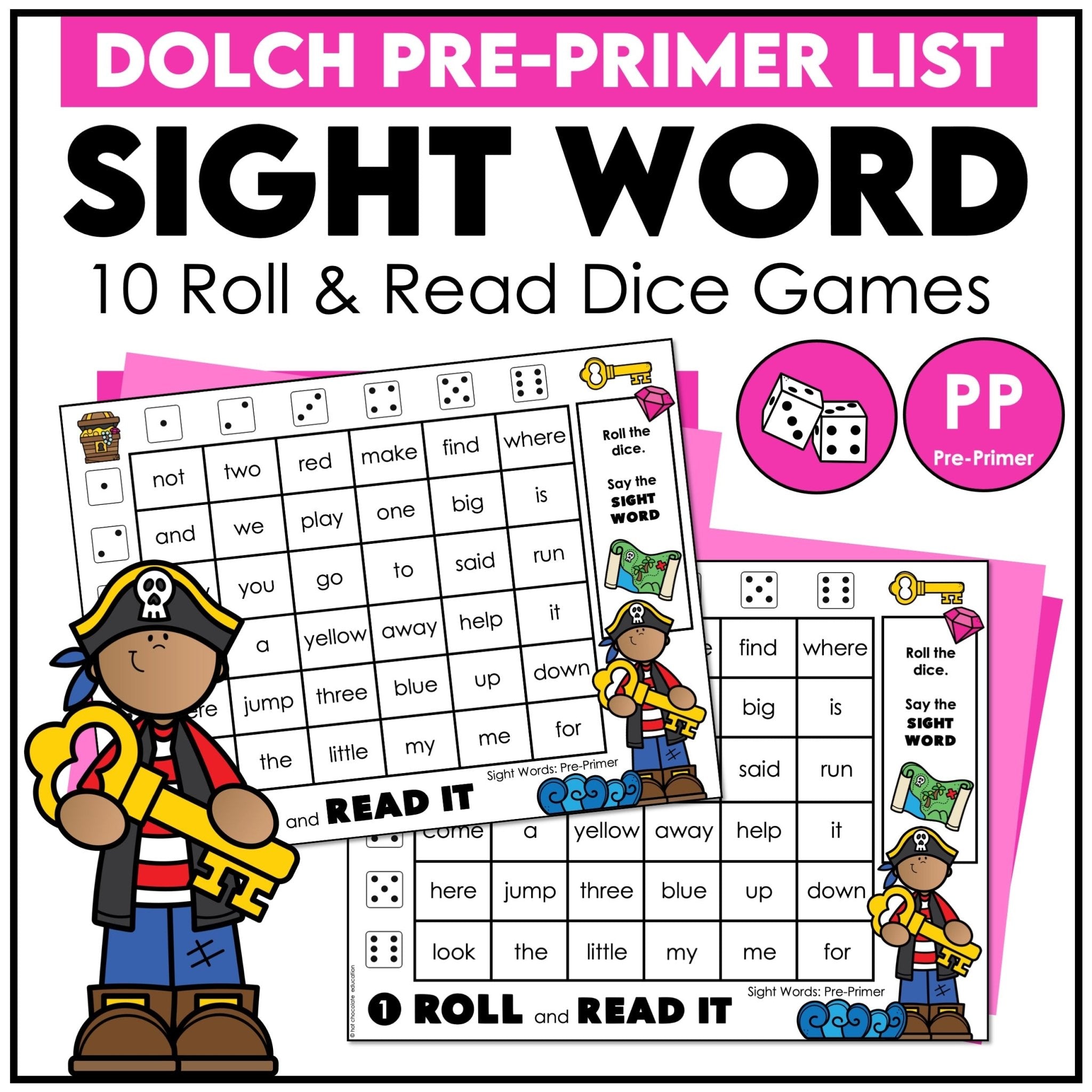 Roll and read Dolch Pre-Primer sight word dice game boards