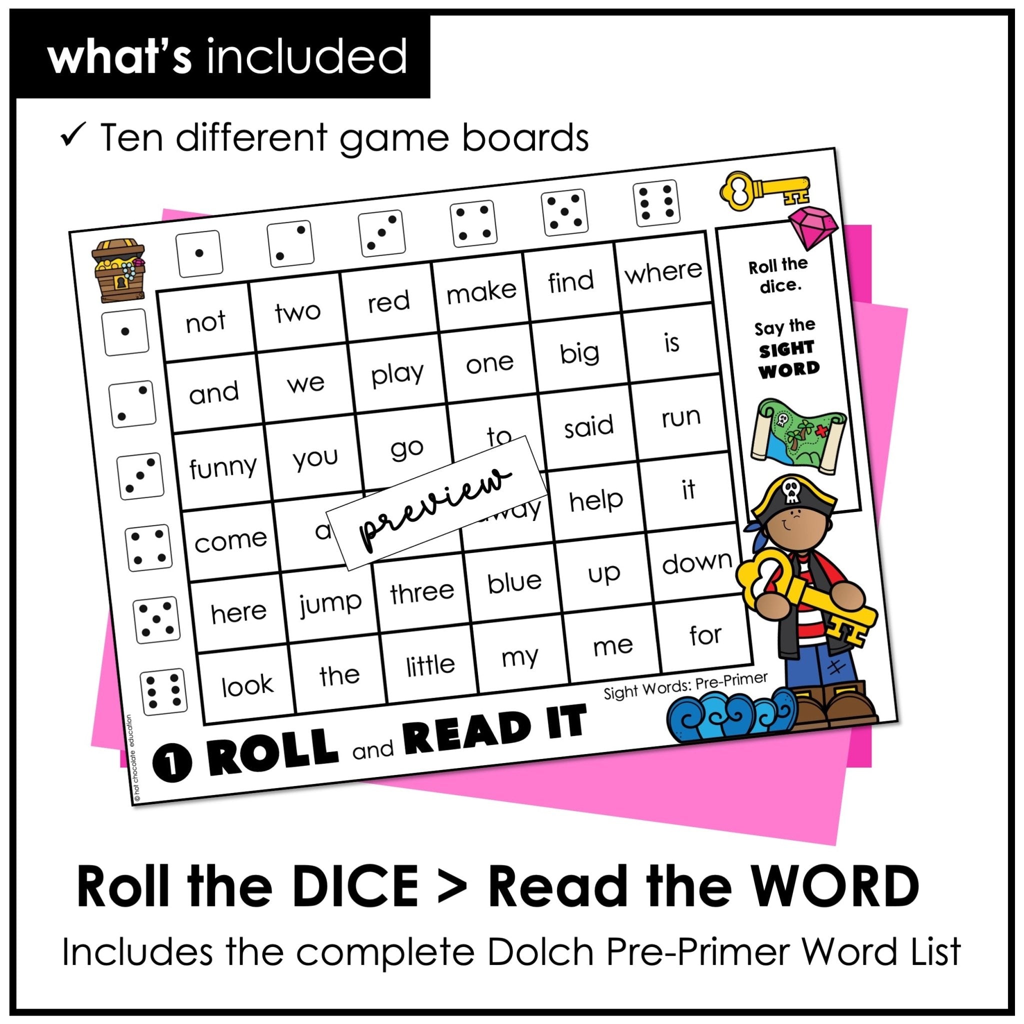 Pre - Primer Sight Words Dice Game - Dolch List Reading Game - Hot Chocolate Teachables