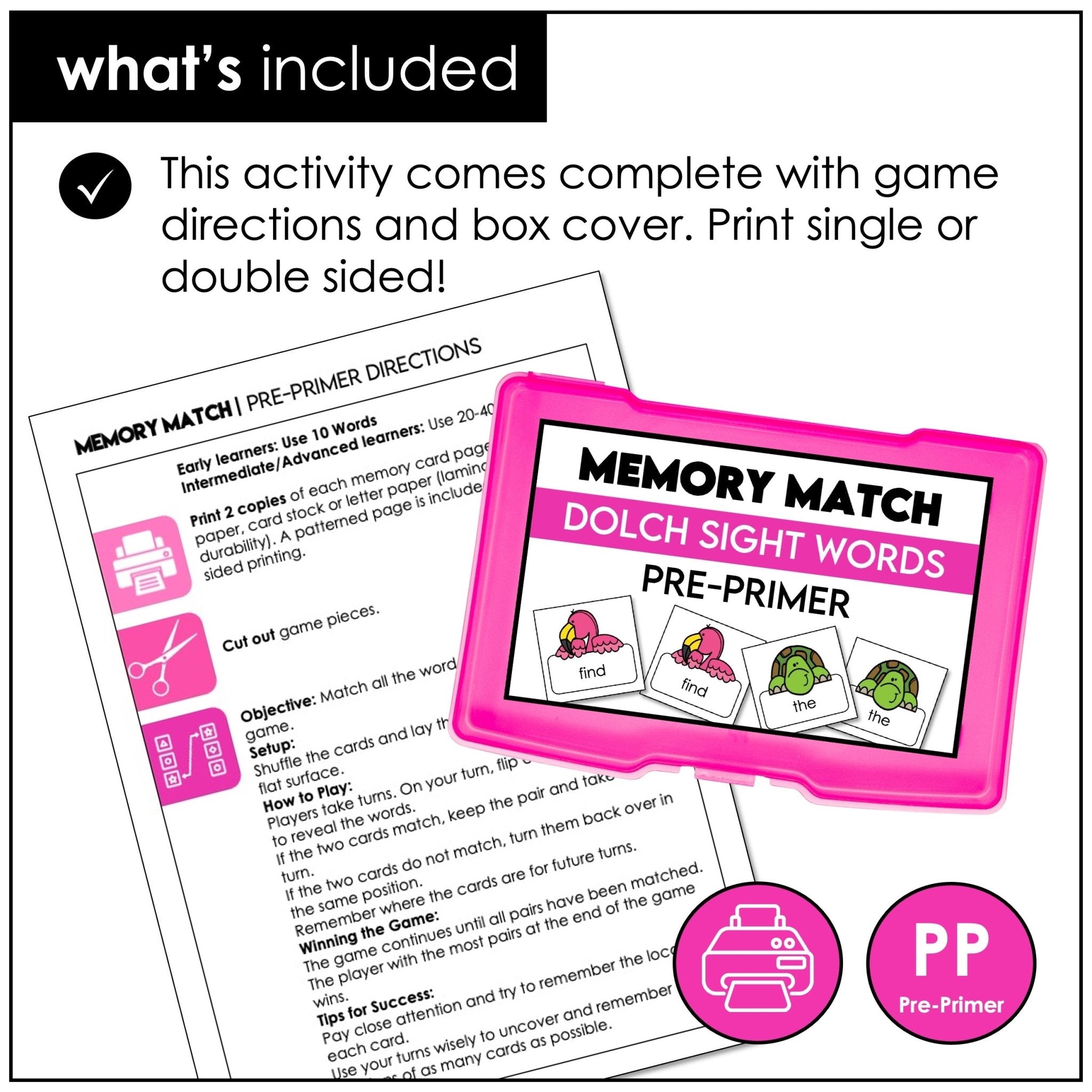 Pre - Primer Sight Words Memory Match Game – Dolch High - Frequency Words for Pre - K & Kindergarten - Hot Chocolate Teachables