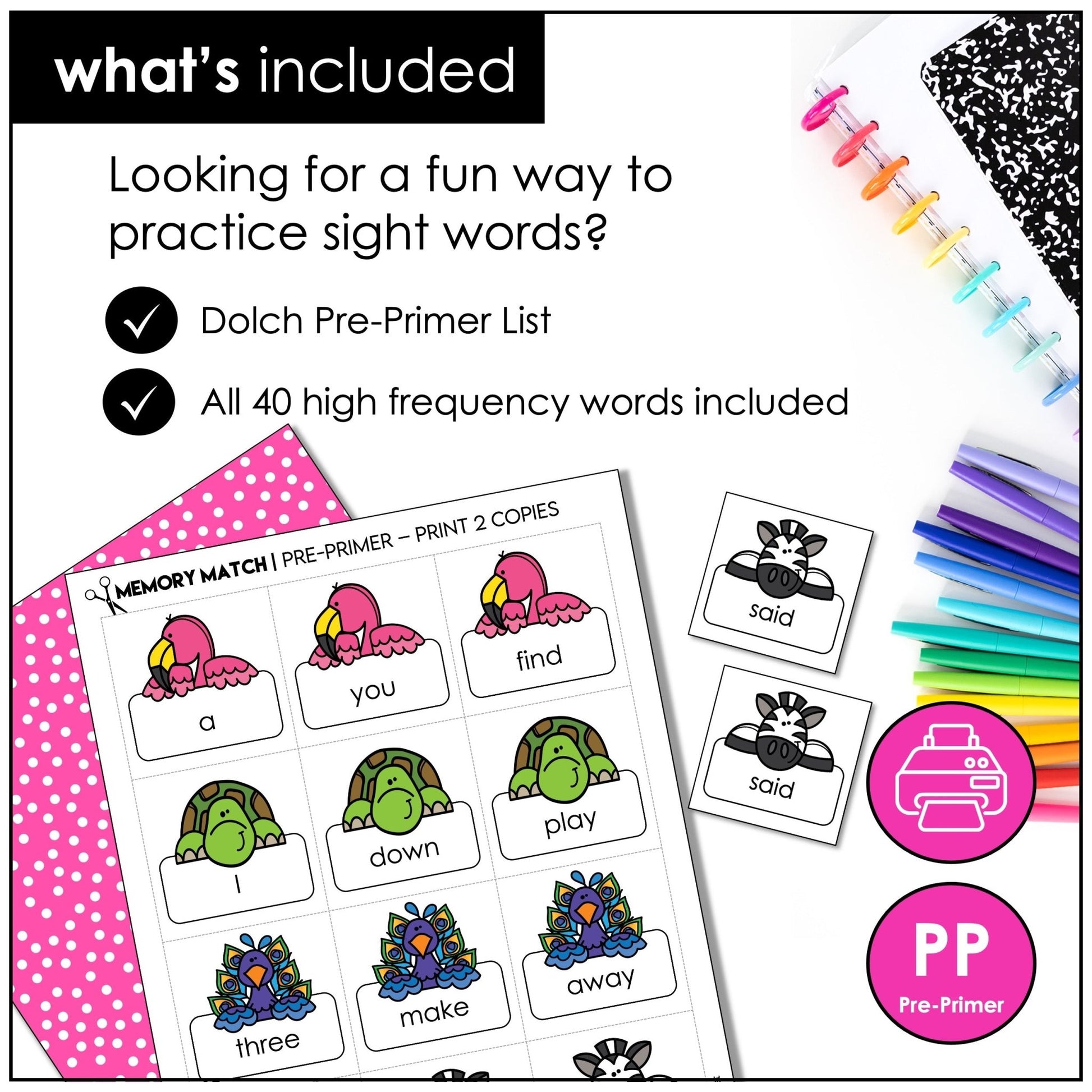 Pre - Primer Sight Words Memory Match Game – Dolch High - Frequency Words for Pre - K & Kindergarten - Hot Chocolate Teachables