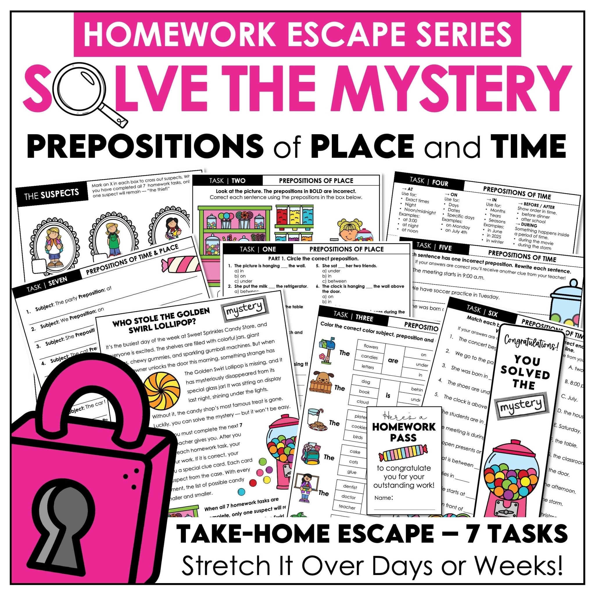 Prepositions of time and place ESL homework escape room grammar activity printable