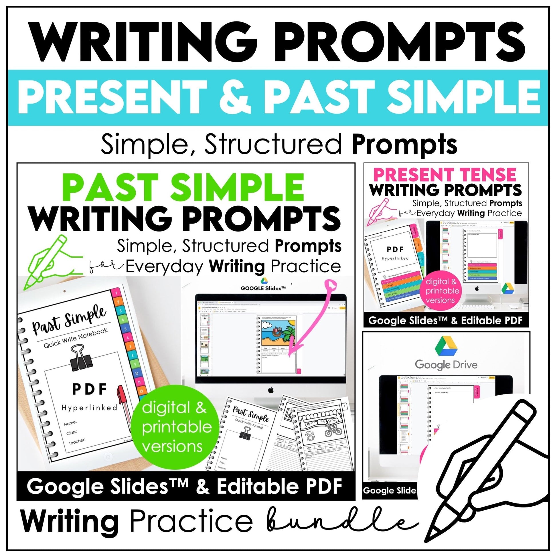 Present & Past Simple Writing Prompts Bundle – ESL Digital Writing Journals - Hot Chocolate Teachables