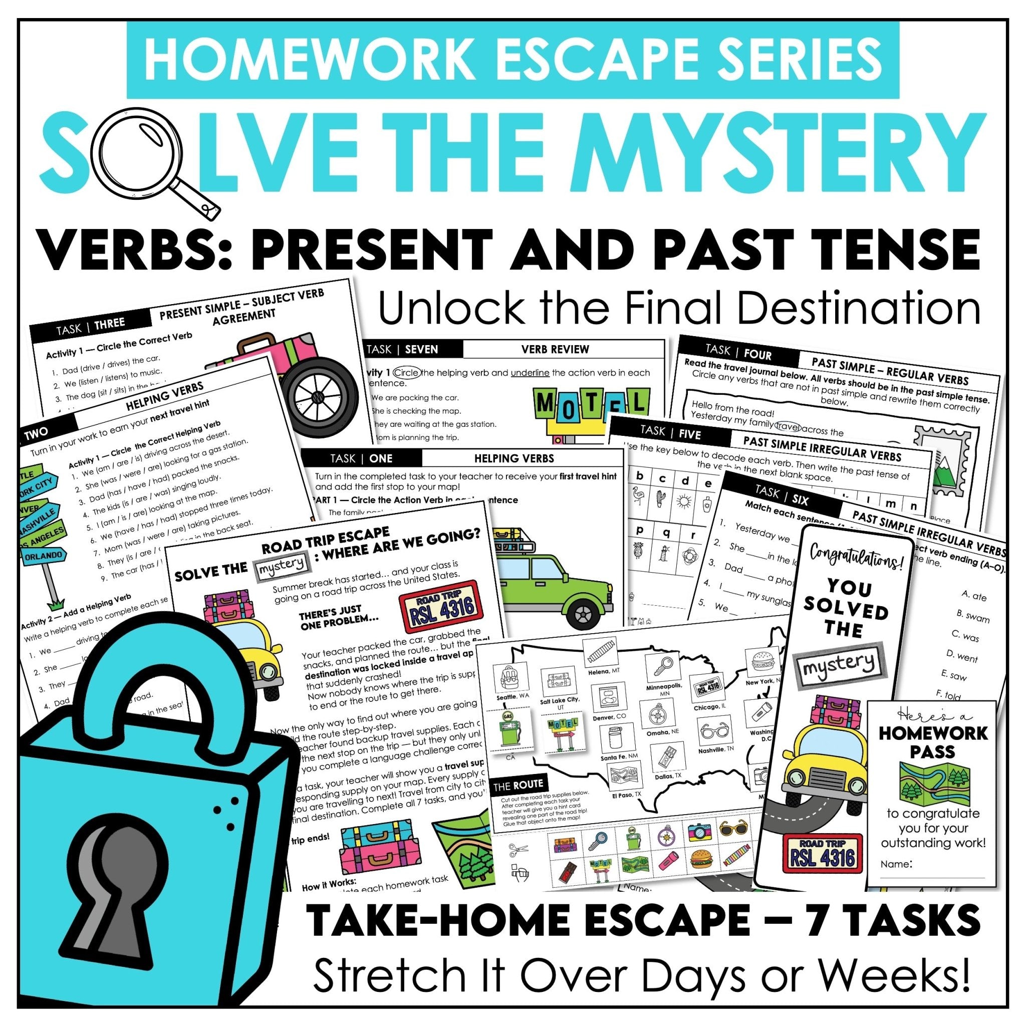 Preview page from present vs past tense verbs homework escape room for ESL