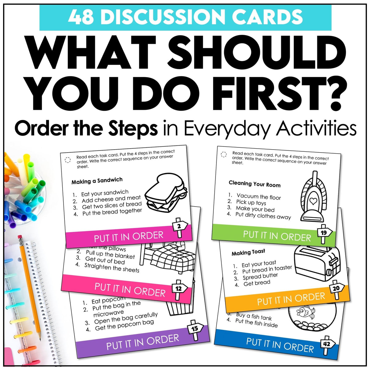 Put It in Order Task Cards – Sequencing Activity “What Comes First?” (ESL & SPED) - Hot Chocolate Teachables