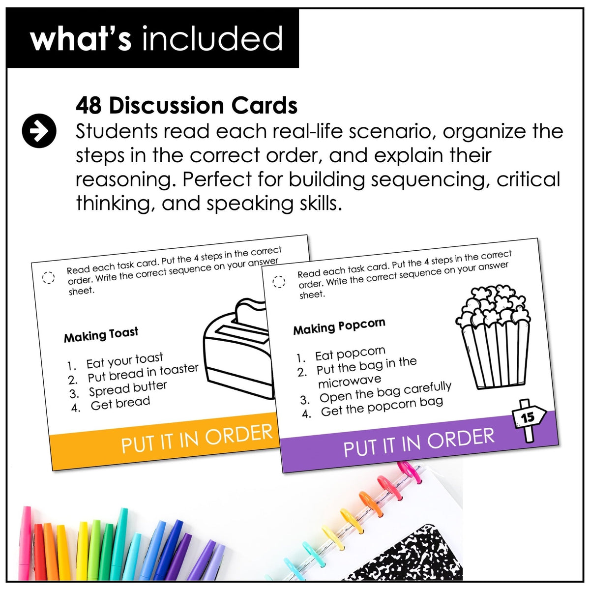Put It in Order Task Cards – Sequencing Activity “What Comes First?” (ESL & SPED) - Hot Chocolate Teachables