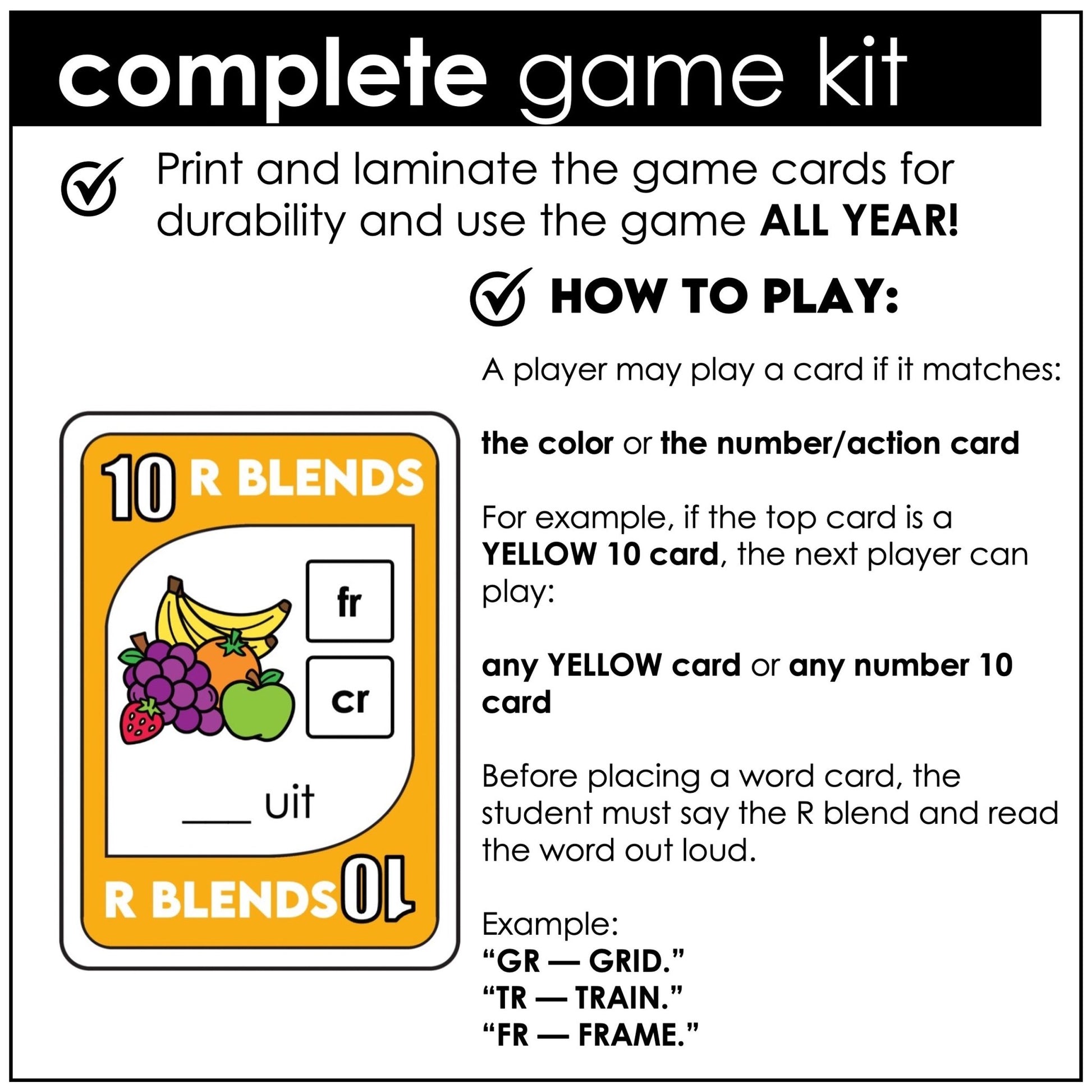 R Blends Card Game – 1st Grade Phonics BR, CR, DR, FR, GR, PR, TR - Hot Chocolate Teachables