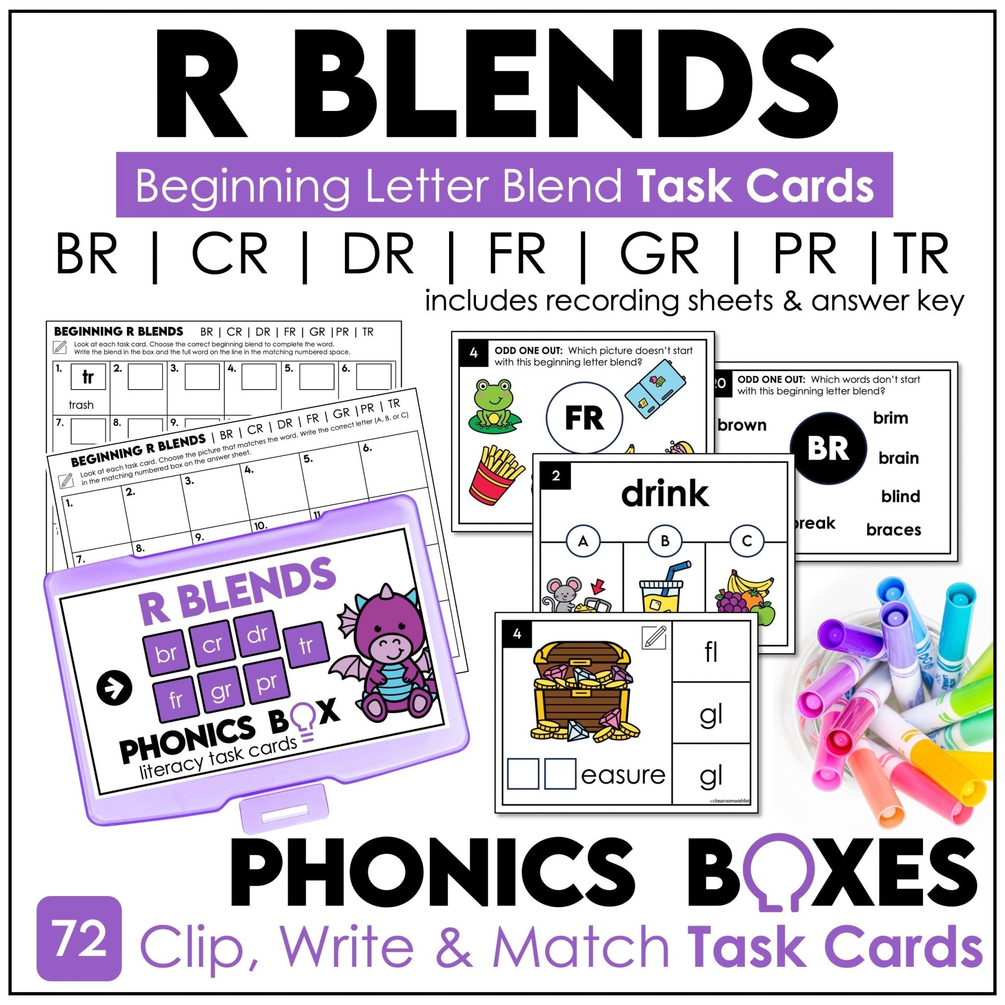 Printable R blends task cards for first grade phonics practice with BR CR DR FR GR PR TR