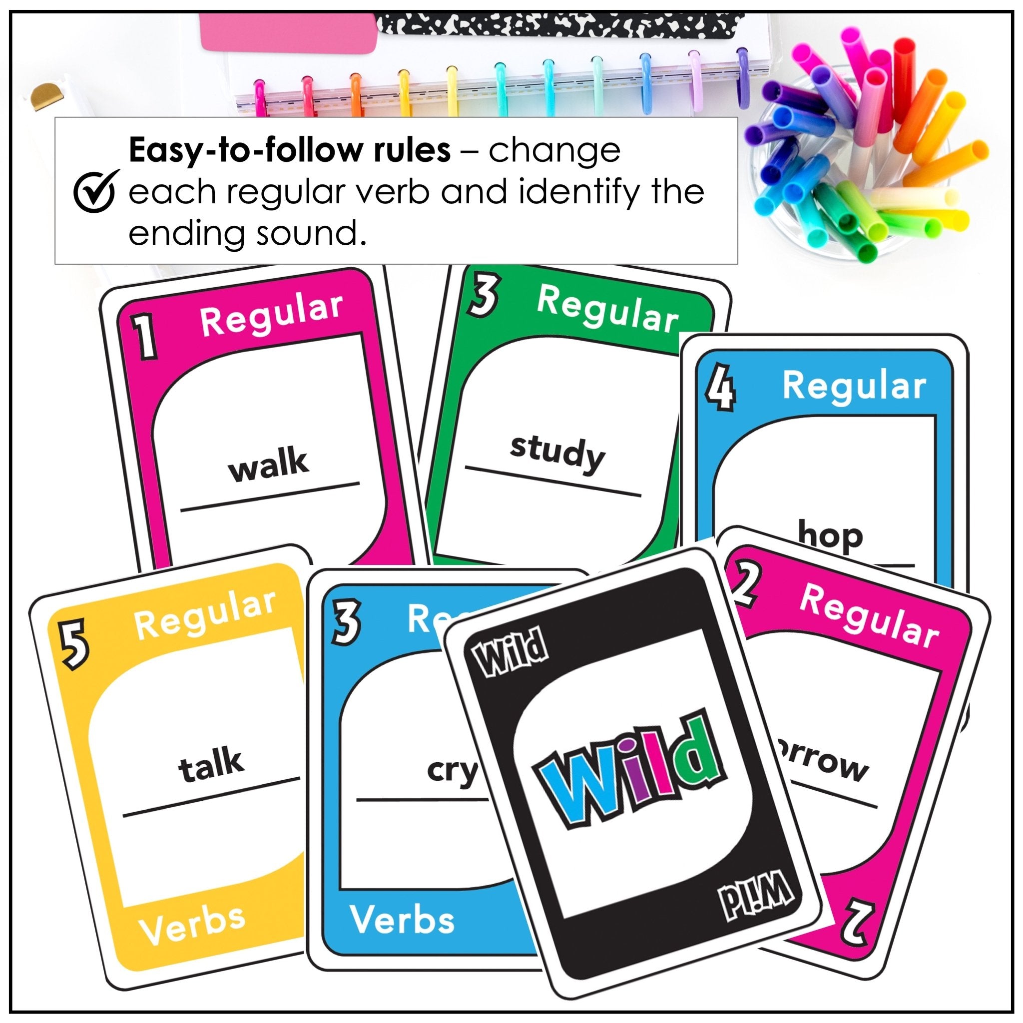 Regular Past Tense Verb Card Game - Ending Pronunciations - t - d - id - Hot Chocolate Teachables