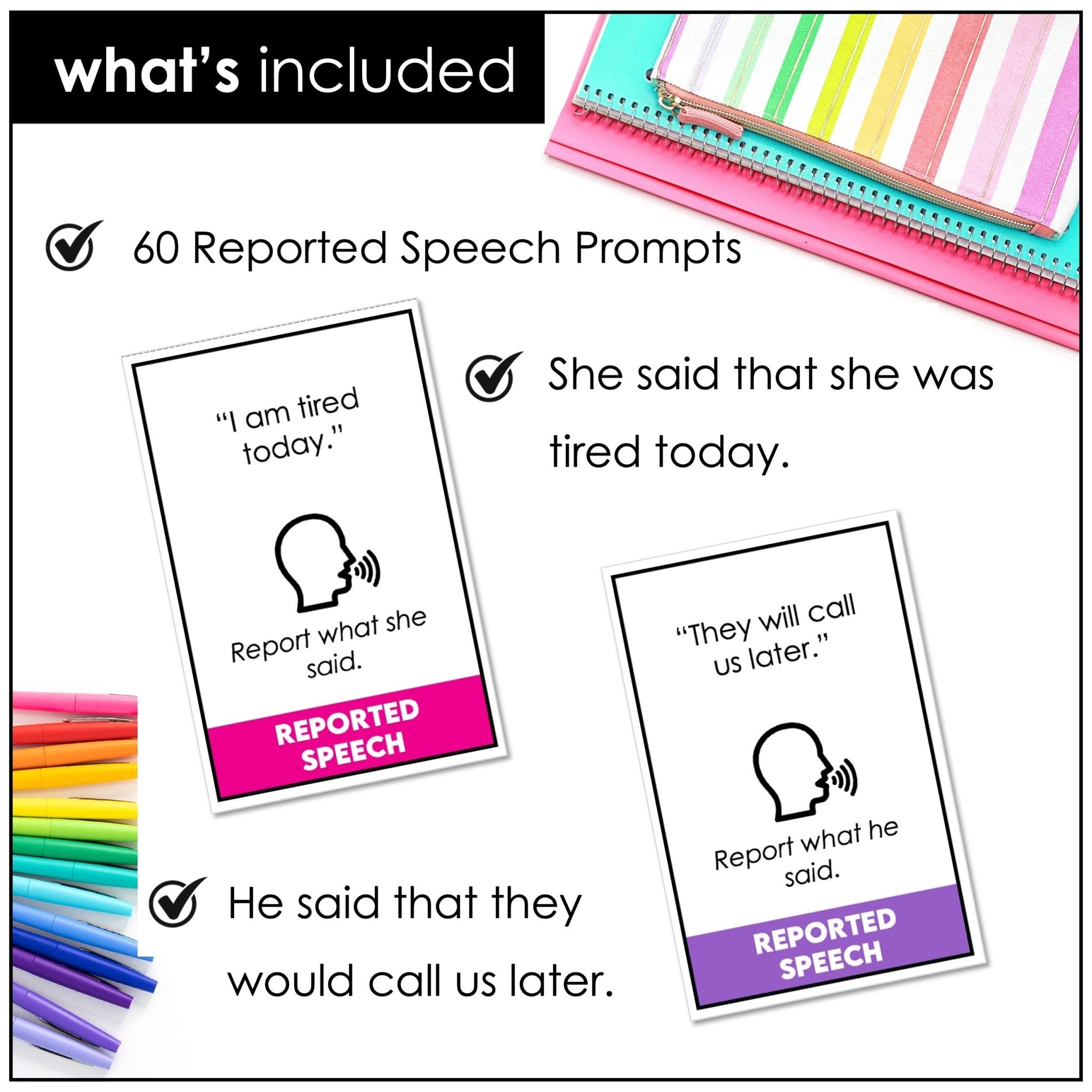 Reported Speech Task Cards – Statements, Questions & Commands ESL Grammar - Hot Chocolate Teachables