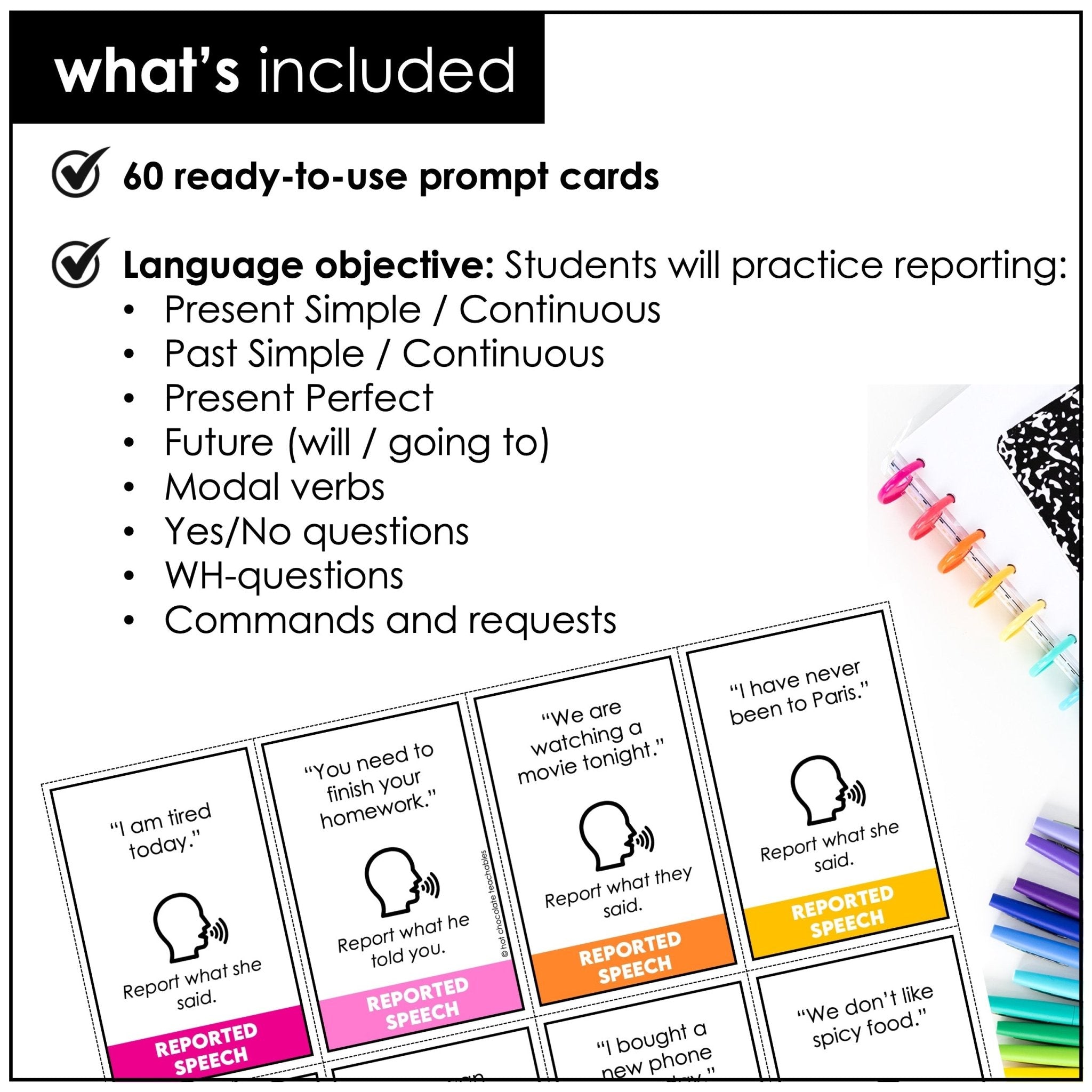 Reported Speech Task Cards – Statements, Questions & Commands ESL Grammar - Hot Chocolate Teachables