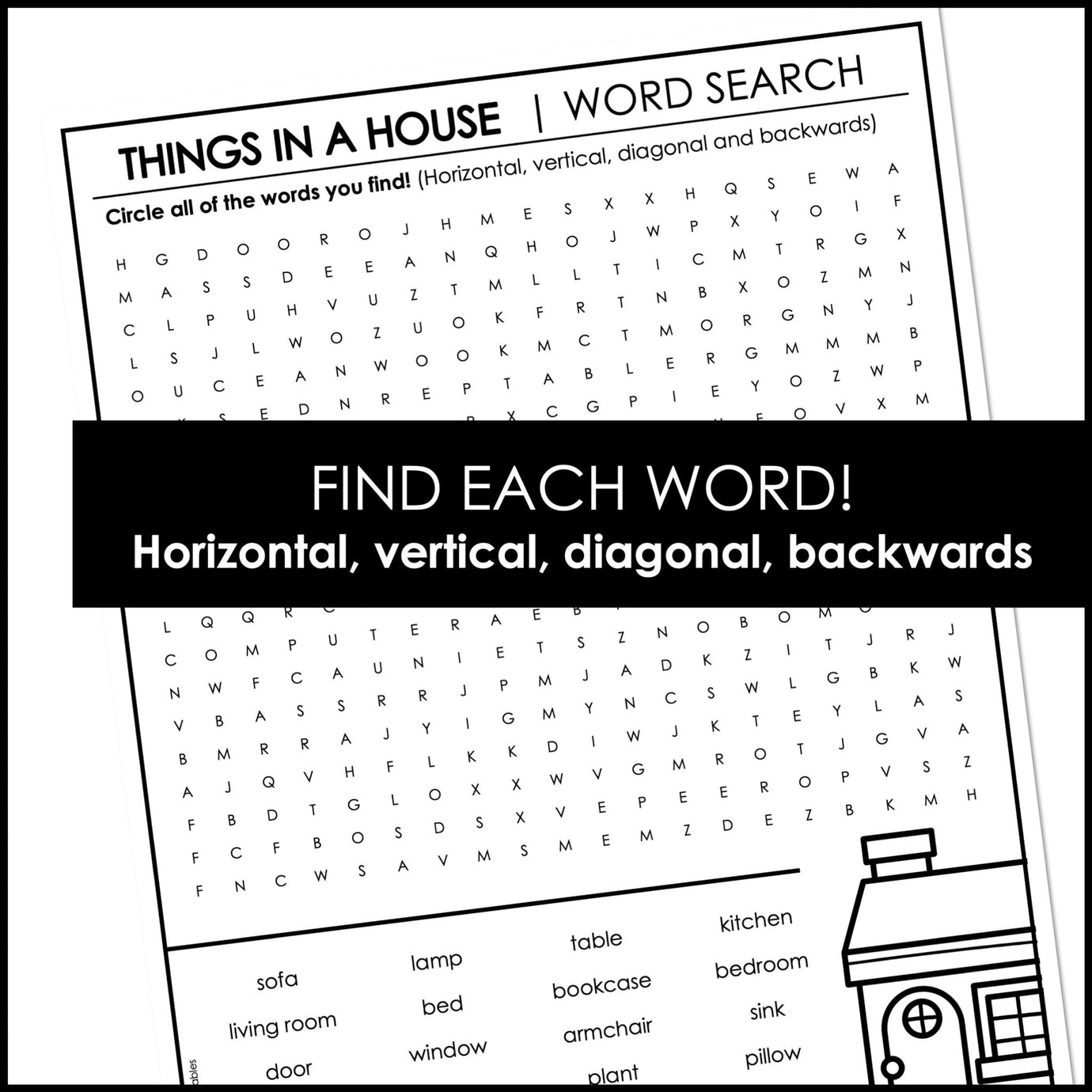House Vocabulary Building Word Search - Find Rooms & Objects