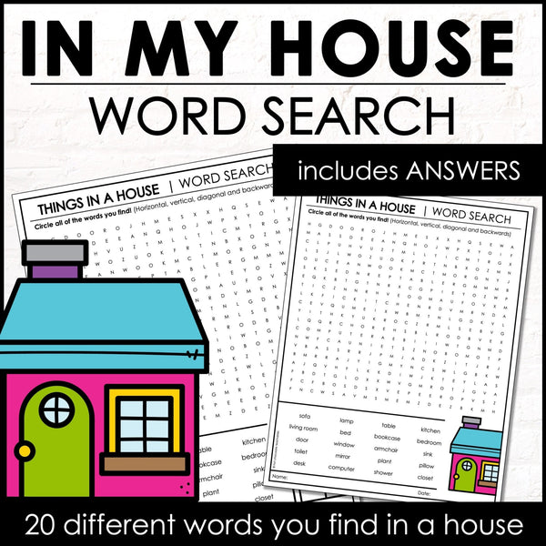 Rooms and Objects in a House Vocabulary Building Word Search - Hot Chocolate Teachables