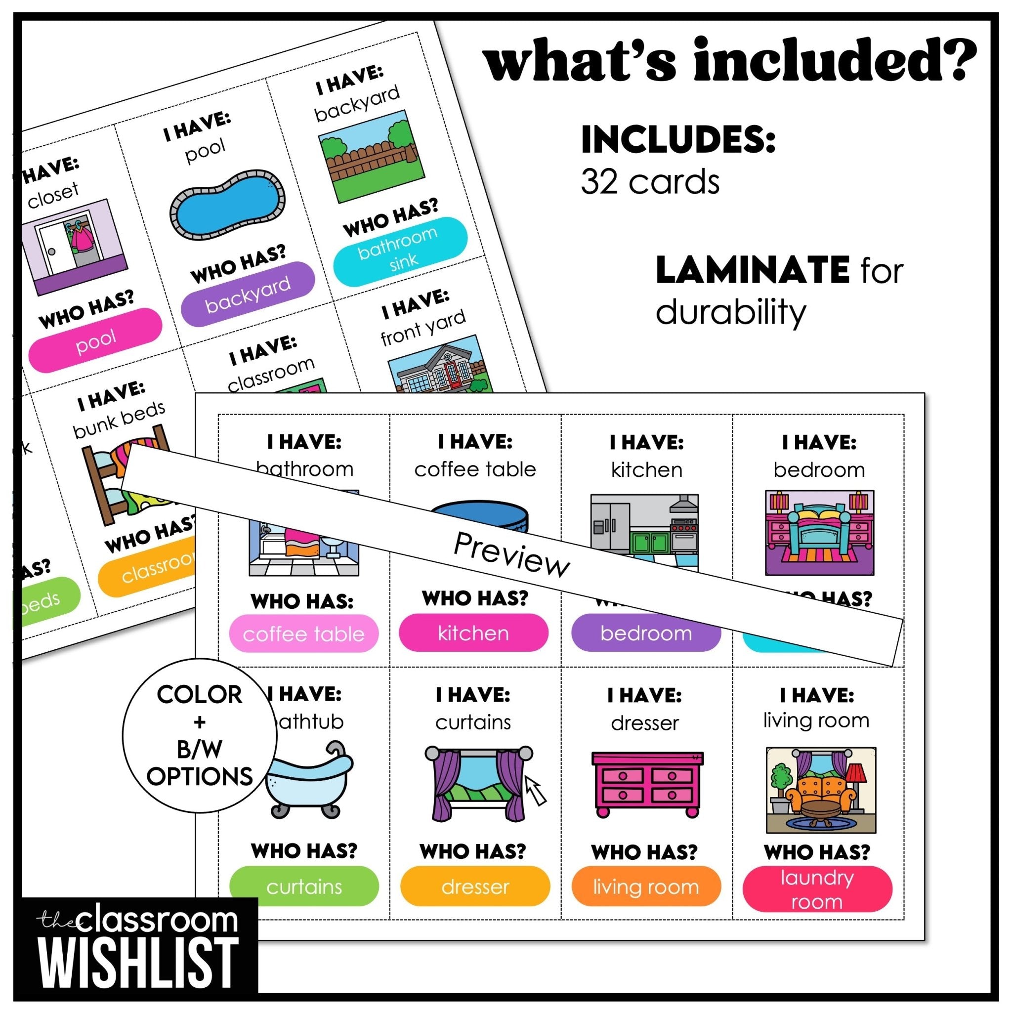 Rooms & Furniture - I Have, Who Has? | What's in a House Vocabulary Card Game - Hot Chocolate Teachables