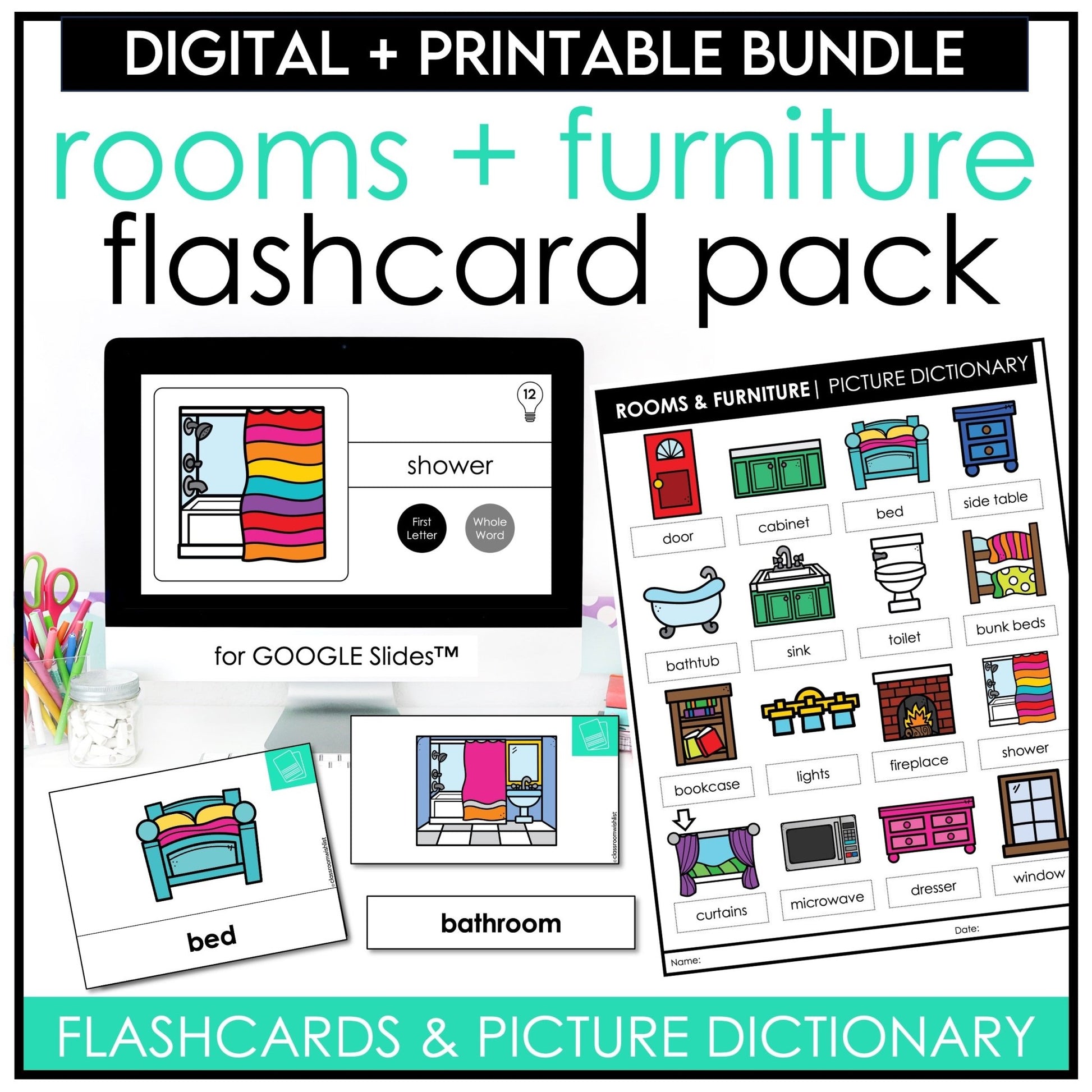 Rooms & Furniture Vocabulary Flashcard Bundle | Print & Digital | ESL, EFL, ELL - Hot Chocolate Teachables