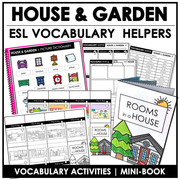 Rooms in the House, Furniture & Garden Vocabulary Activities & Flash Card Bundle - Hot Chocolate Teachables
