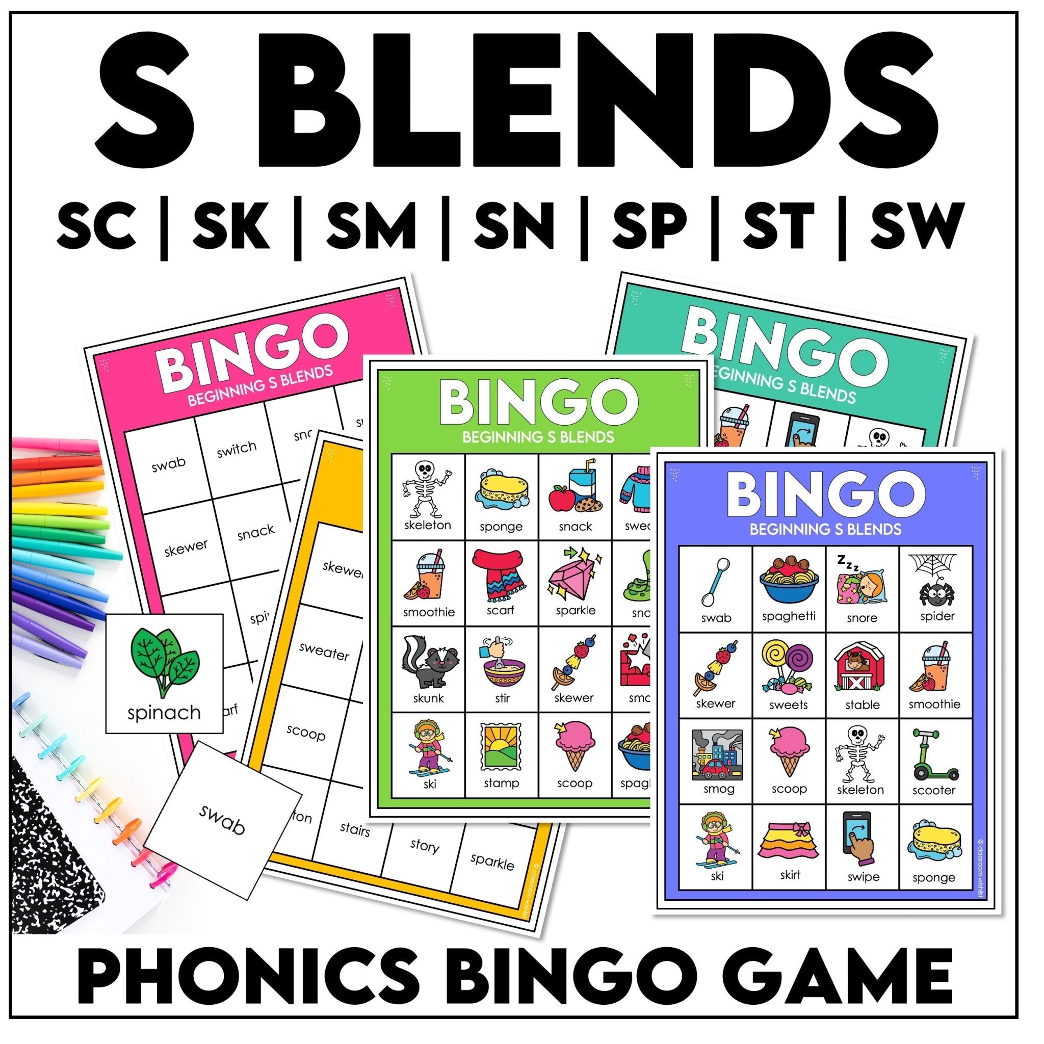 S-blends bingo game beginning blends phonics printable