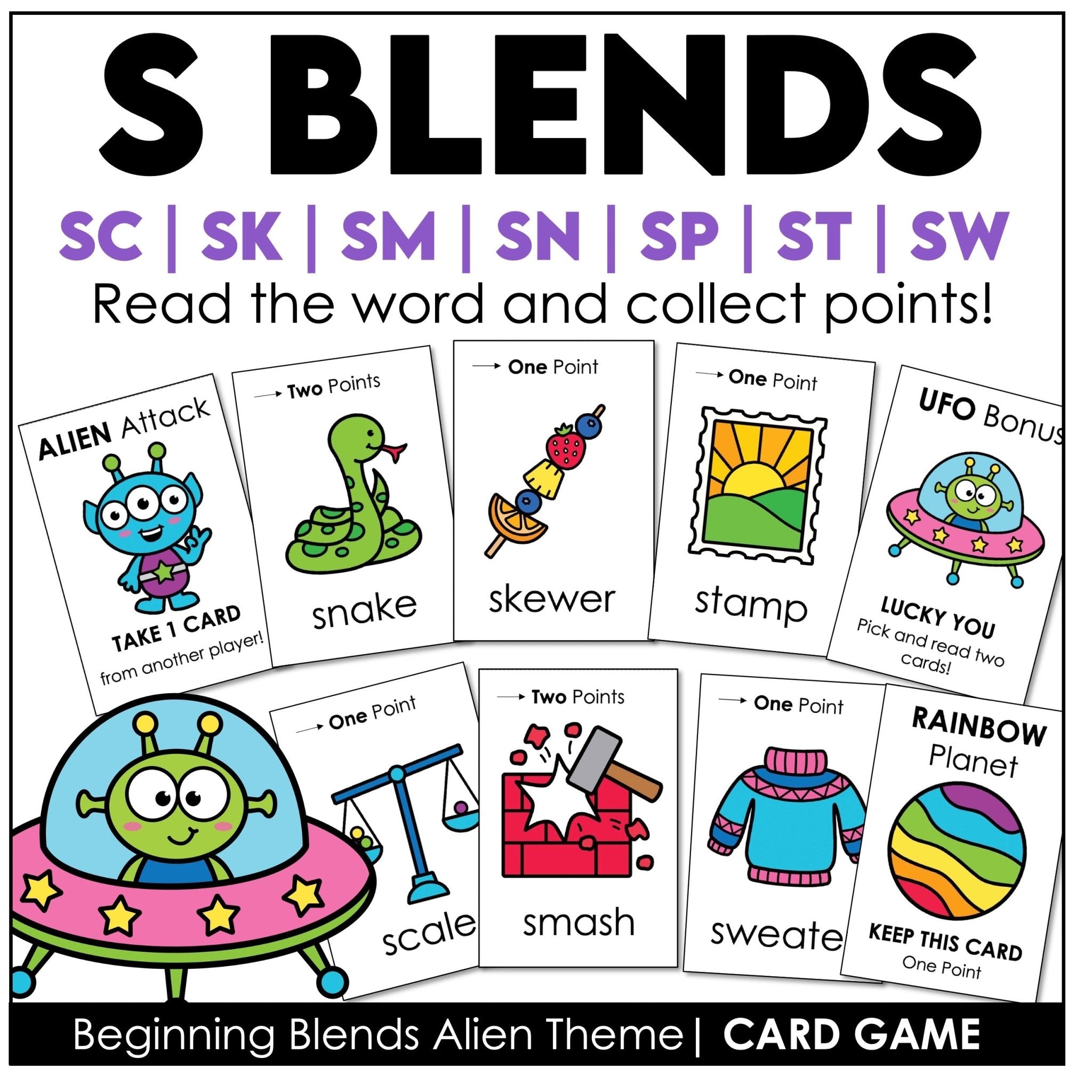 Beginning S-blends word cards phonics game printable for first grade