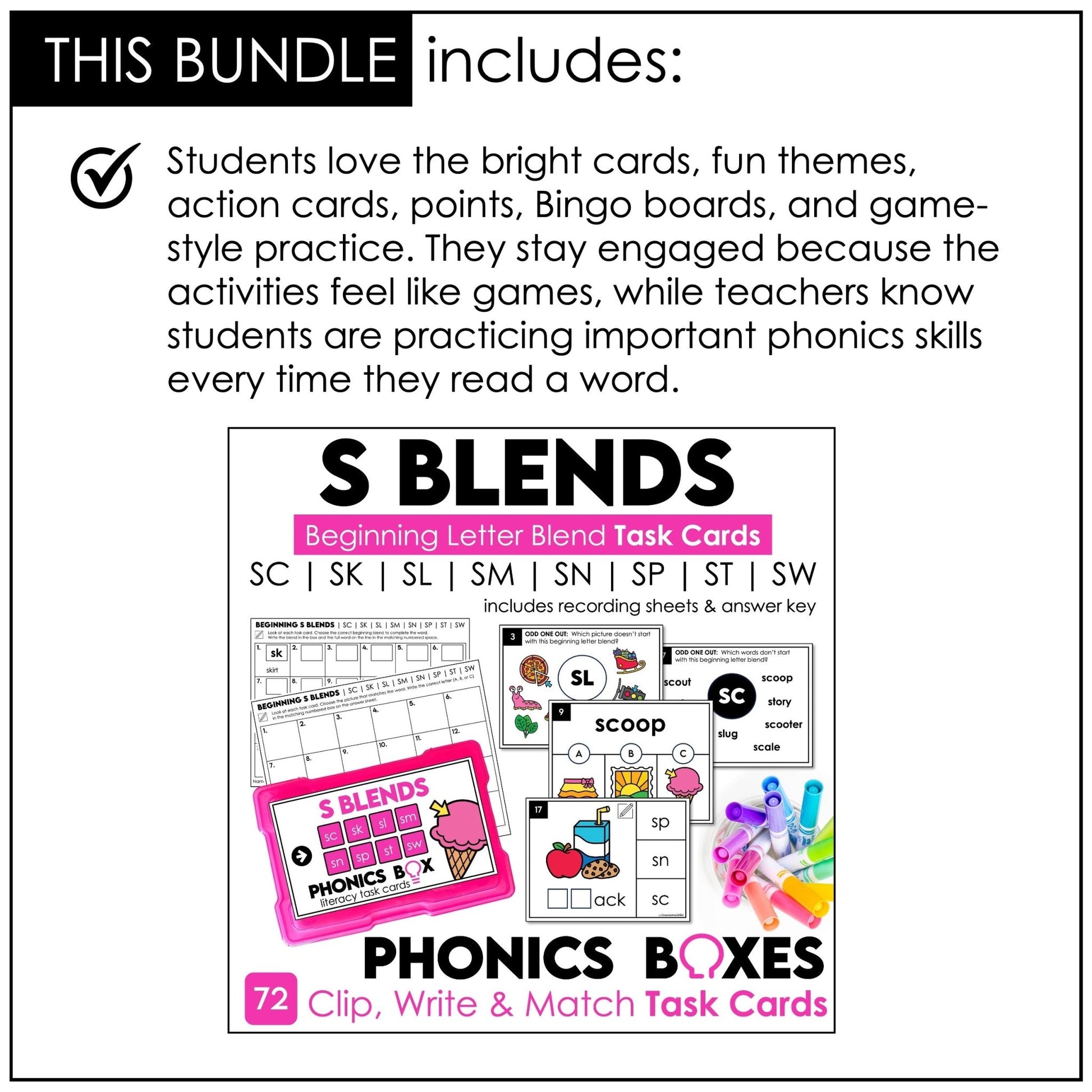 S Blends Phonics Games Bundle – Card Games, Bingo & Task Card Activities - Hot Chocolate Teachables