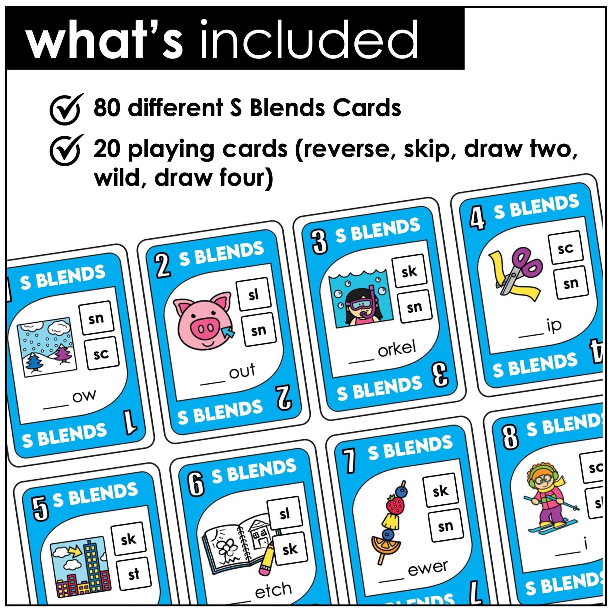 S Blends UNO - Style Card Game – Phonics Practice SC, SK, SM, SN, SP, ST, SW - Hot Chocolate Teachables