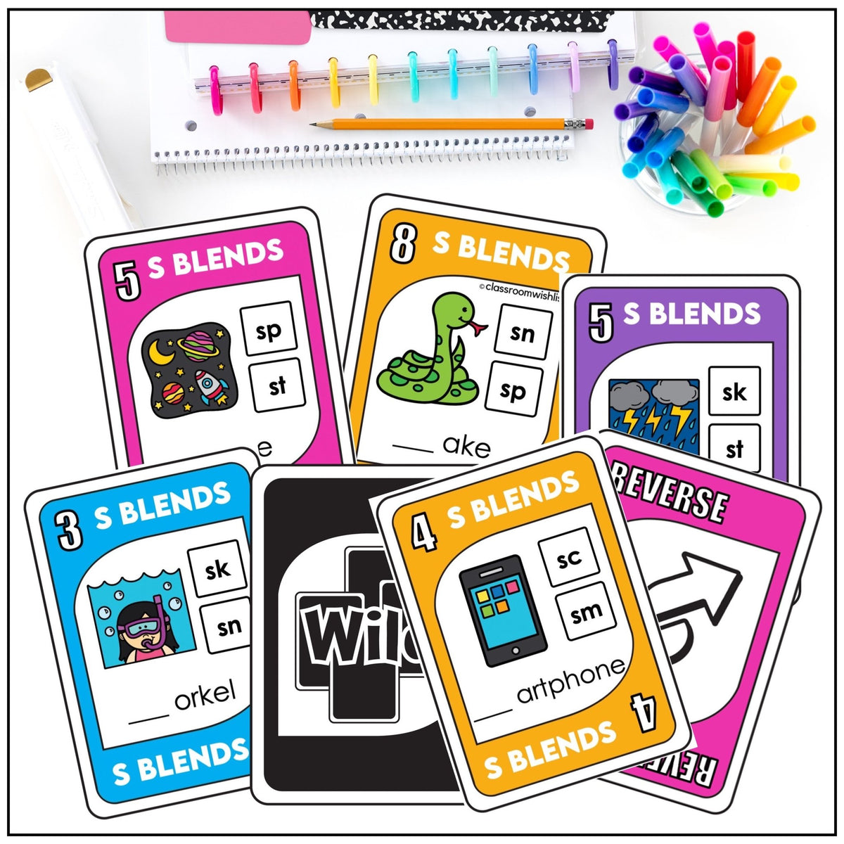 S Blends Phonics Card Game | SC SK SM SN SP ST SW