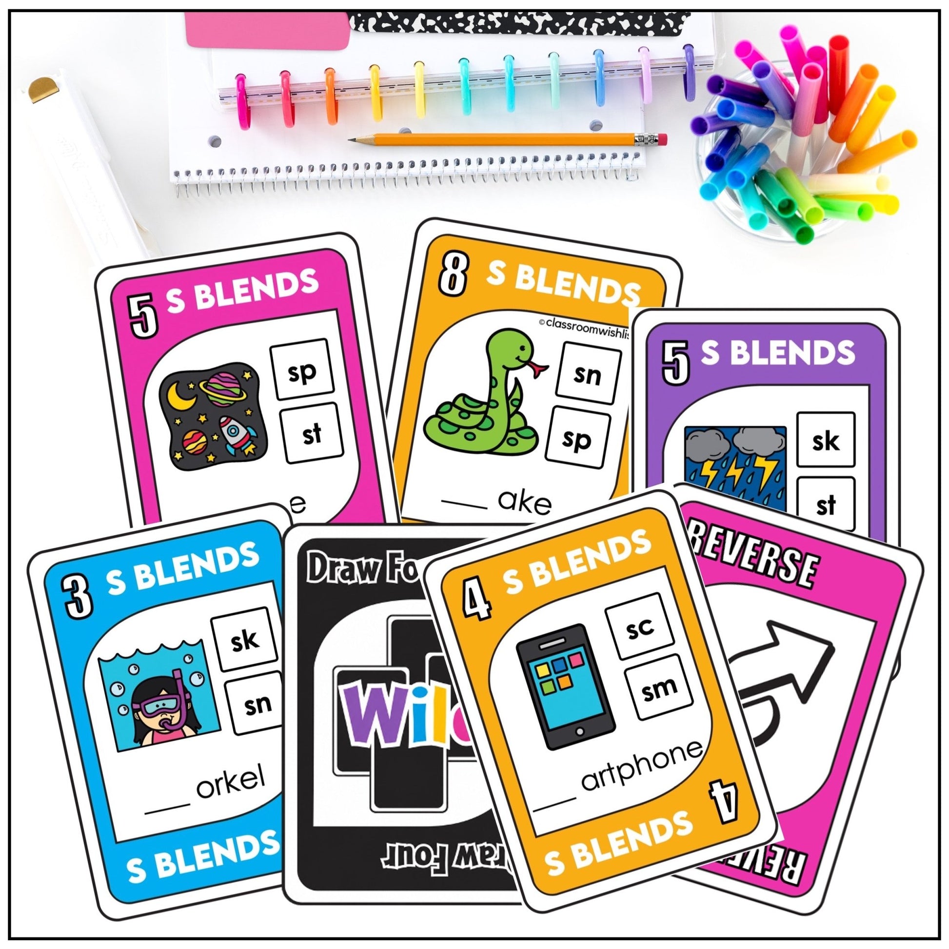 S Blends UNO - Style Card Game – Phonics Practice SC, SK, SM, SN, SP, ST, SW - Hot Chocolate Teachables