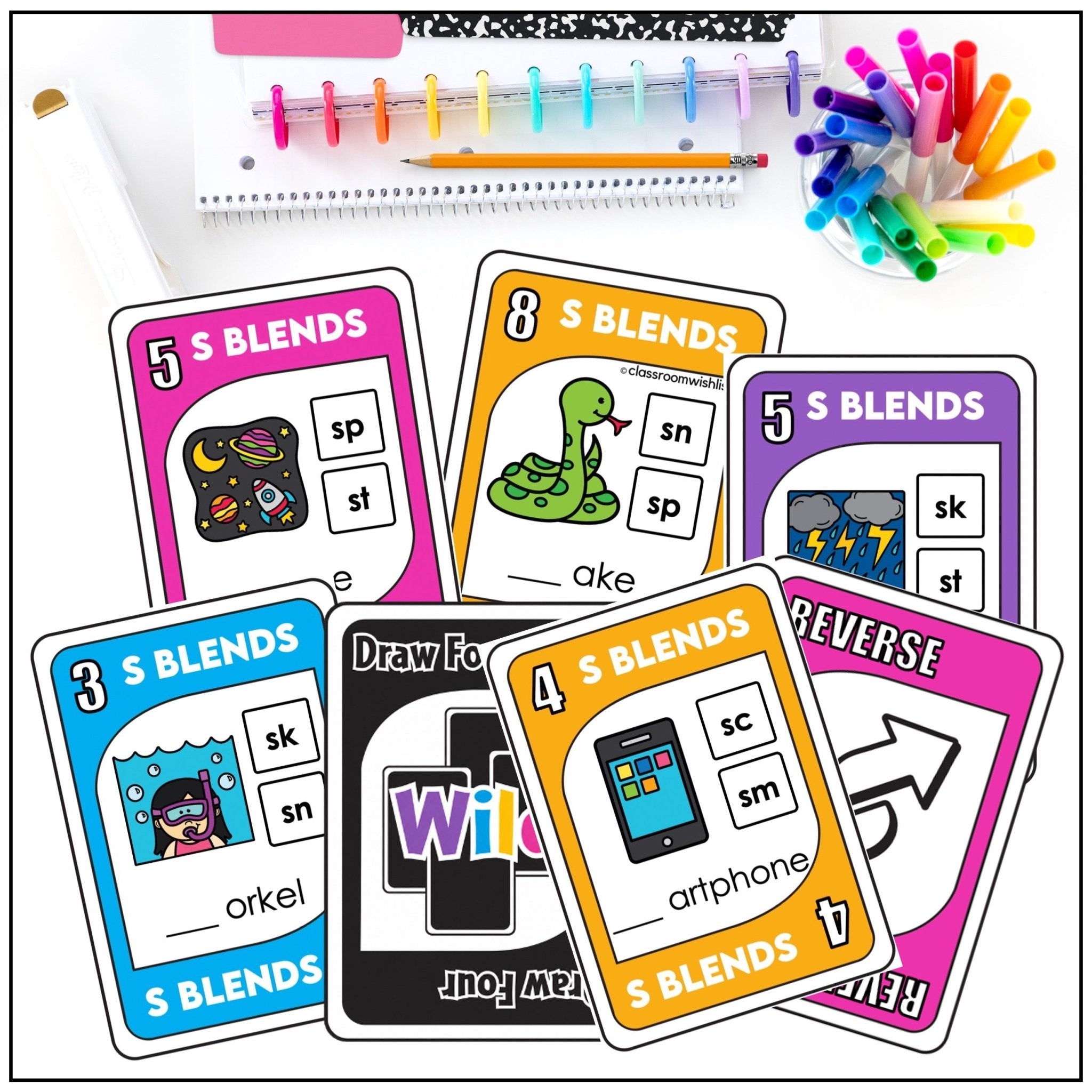 S Blends UNO - Style Card Game – Phonics Practice SC, SK, SM, SN, SP, ST, SW - Hot Chocolate Teachables