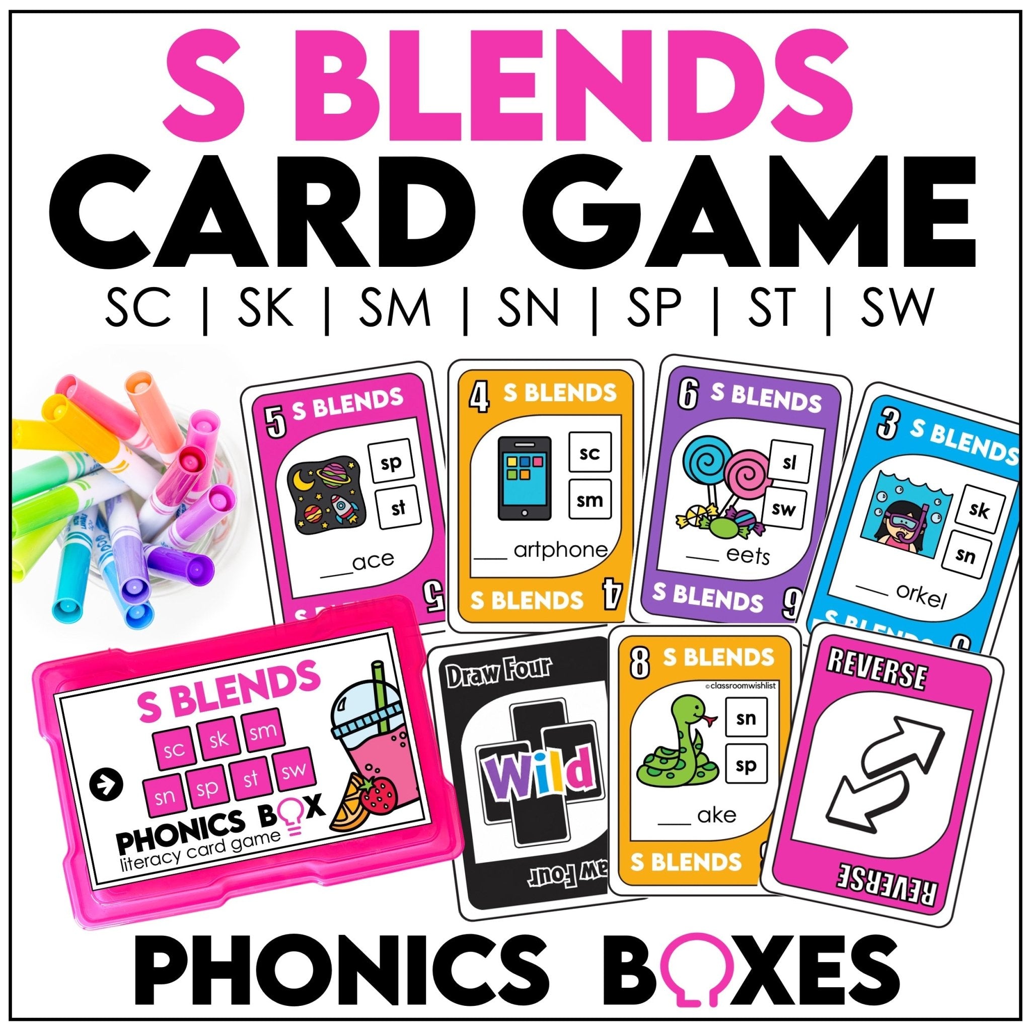 S blends UNO-style phonics card game for beginning blends activities and first grade reading practice