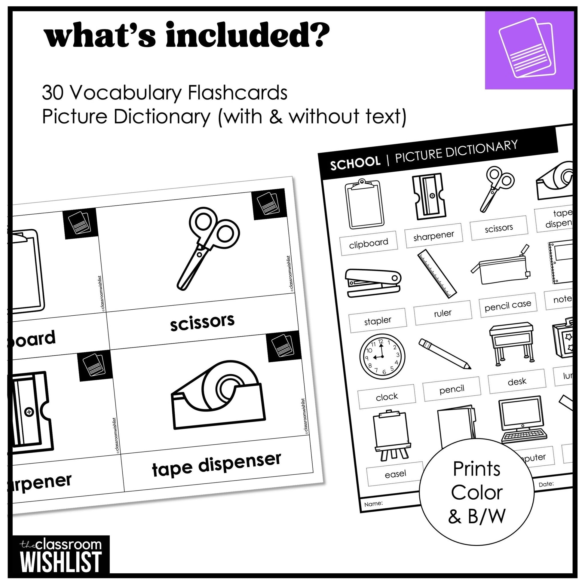 School & Classroom Vocabulary Flashcards + Picture Dictionary Print + Digital - Hot Chocolate Teachables