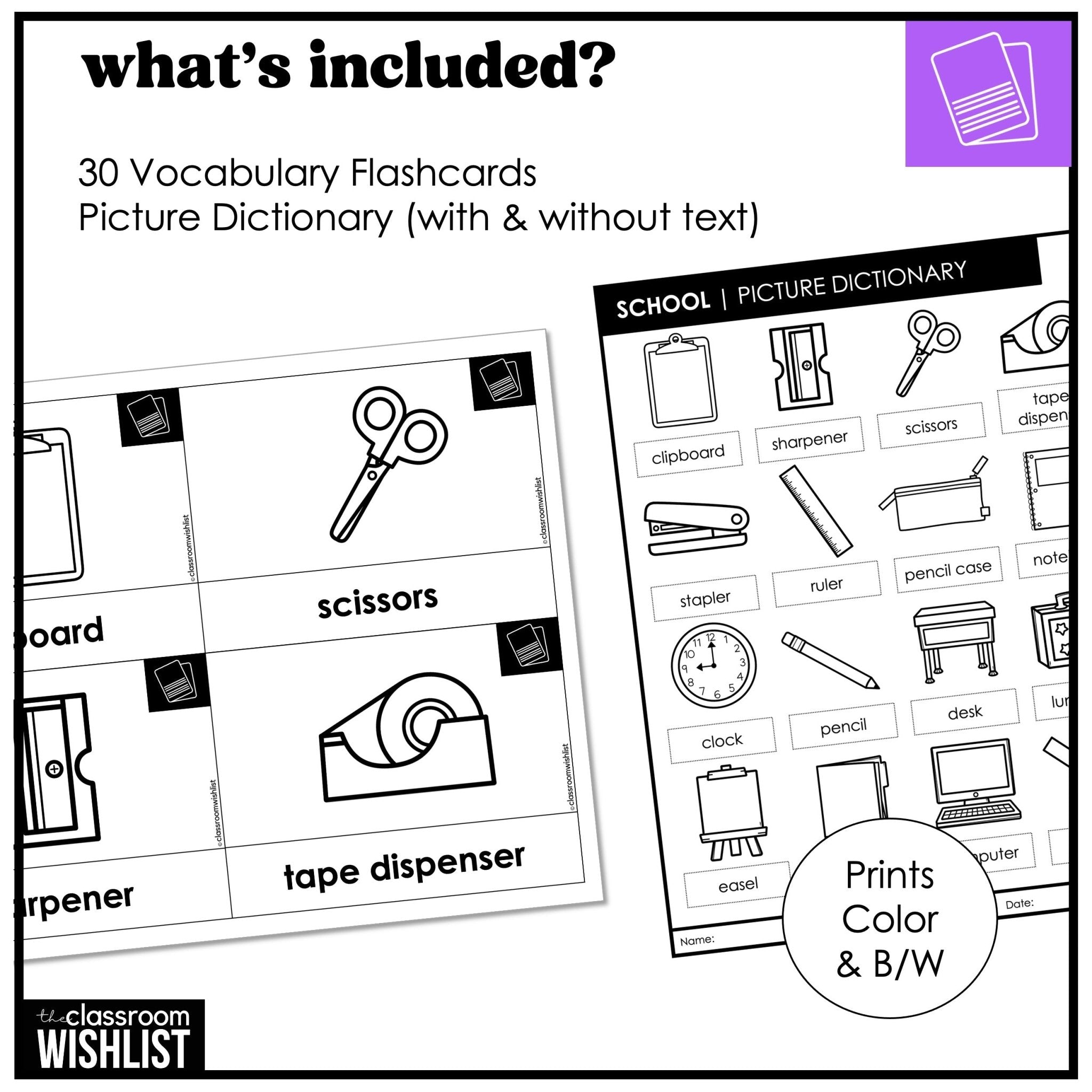 School & Classroom Vocabulary Flashcards + Picture Dictionary Print + Digital - Hot Chocolate Teachables