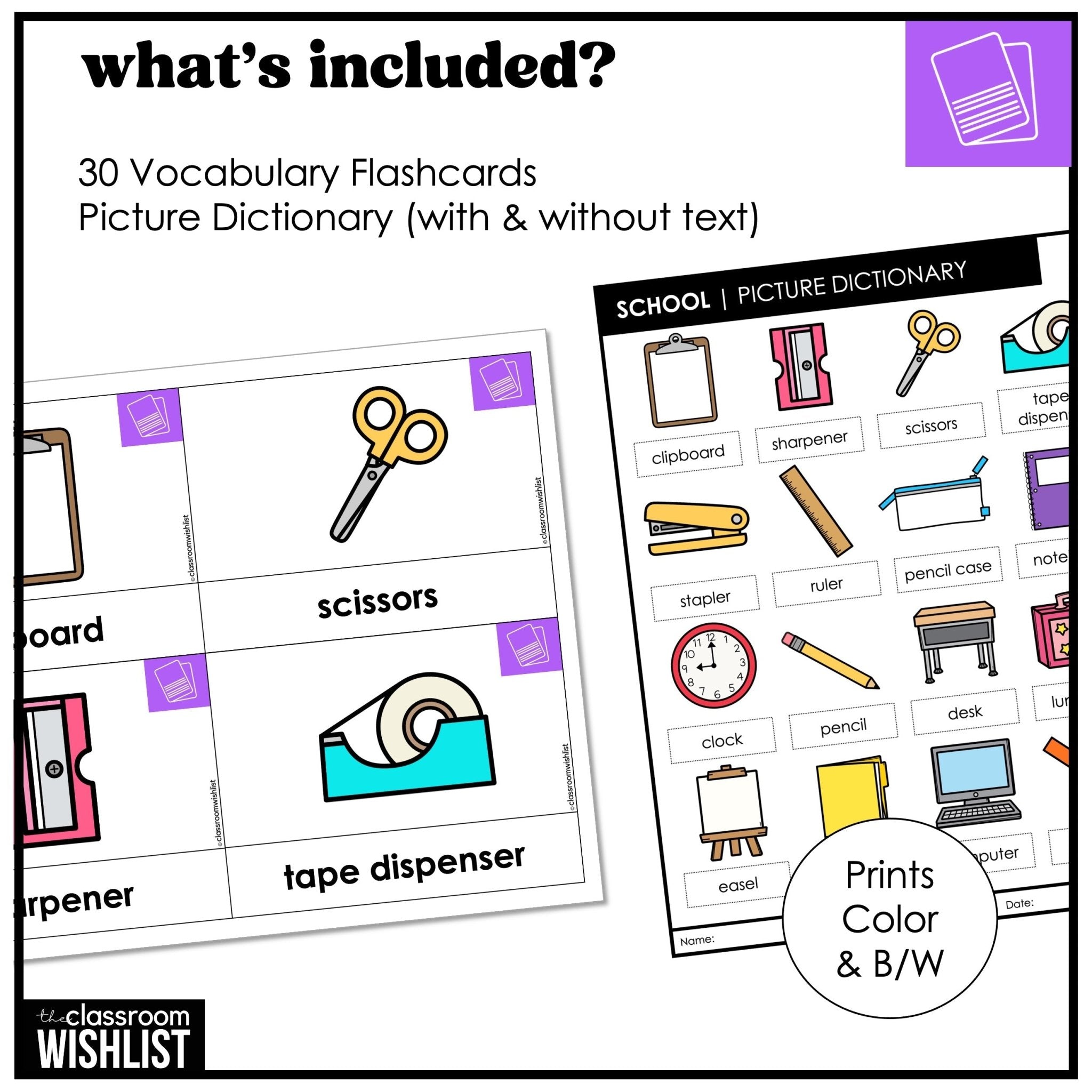 School & Classroom Vocabulary Flashcards + Dictionary