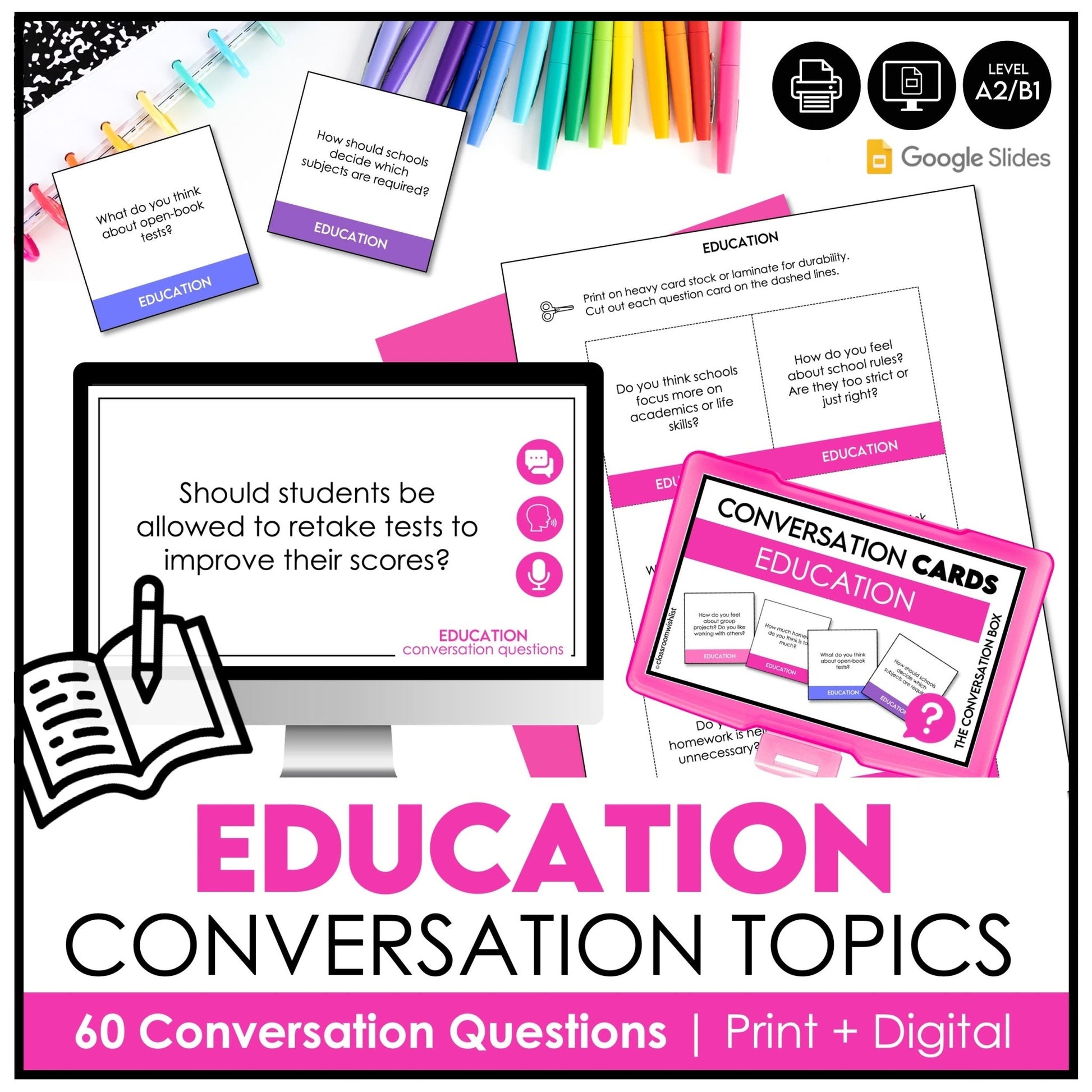 School & Education Conversation Cards | 60 ESL Discussion Prompts for Teens & Adults - Hot Chocolate Teachables