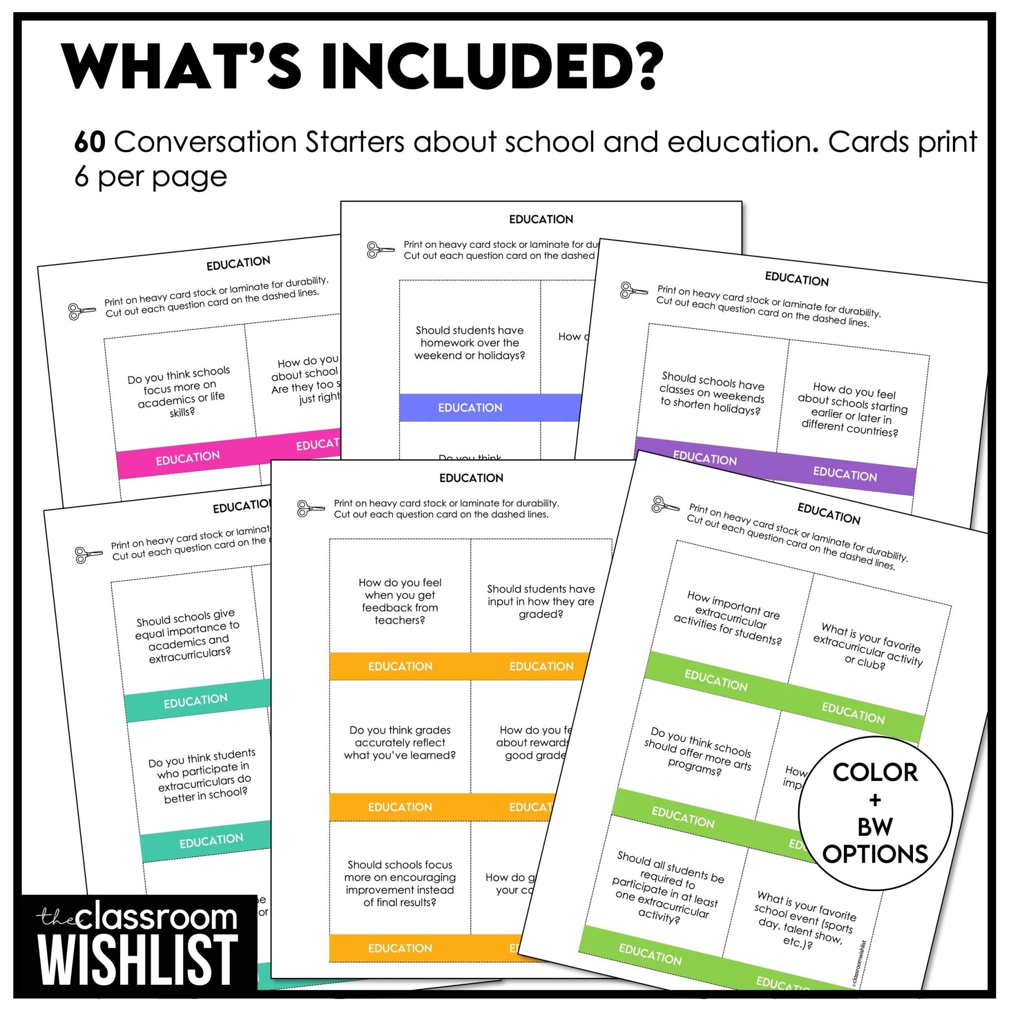 School & Education Conversation Cards | 60 ESL Discussion Prompts for Teens & Adults - Hot Chocolate Teachables