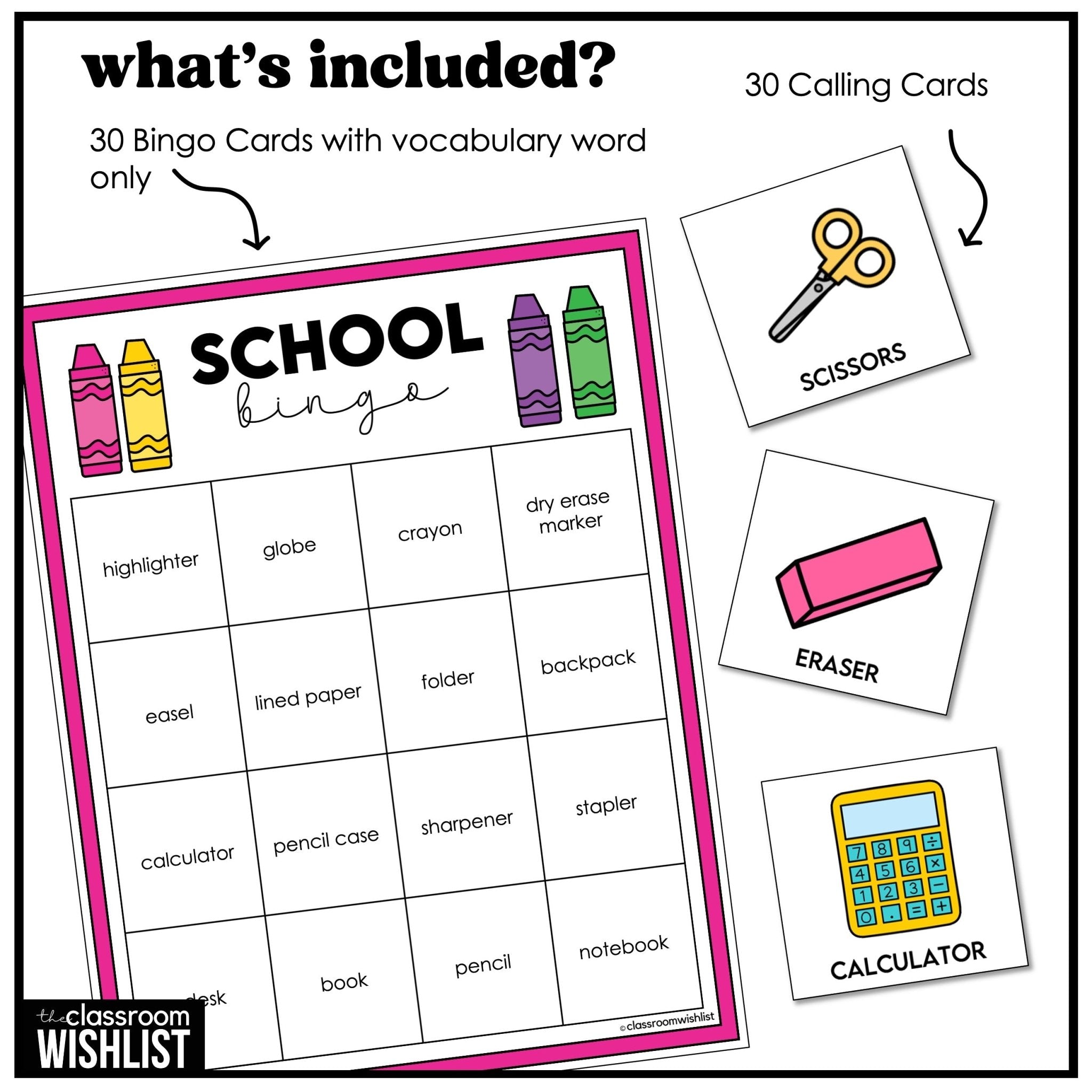 School Supplies Bingo – Back to School Classroom Vocabulary Game - Play 3 Ways - Hot Chocolate Teachables