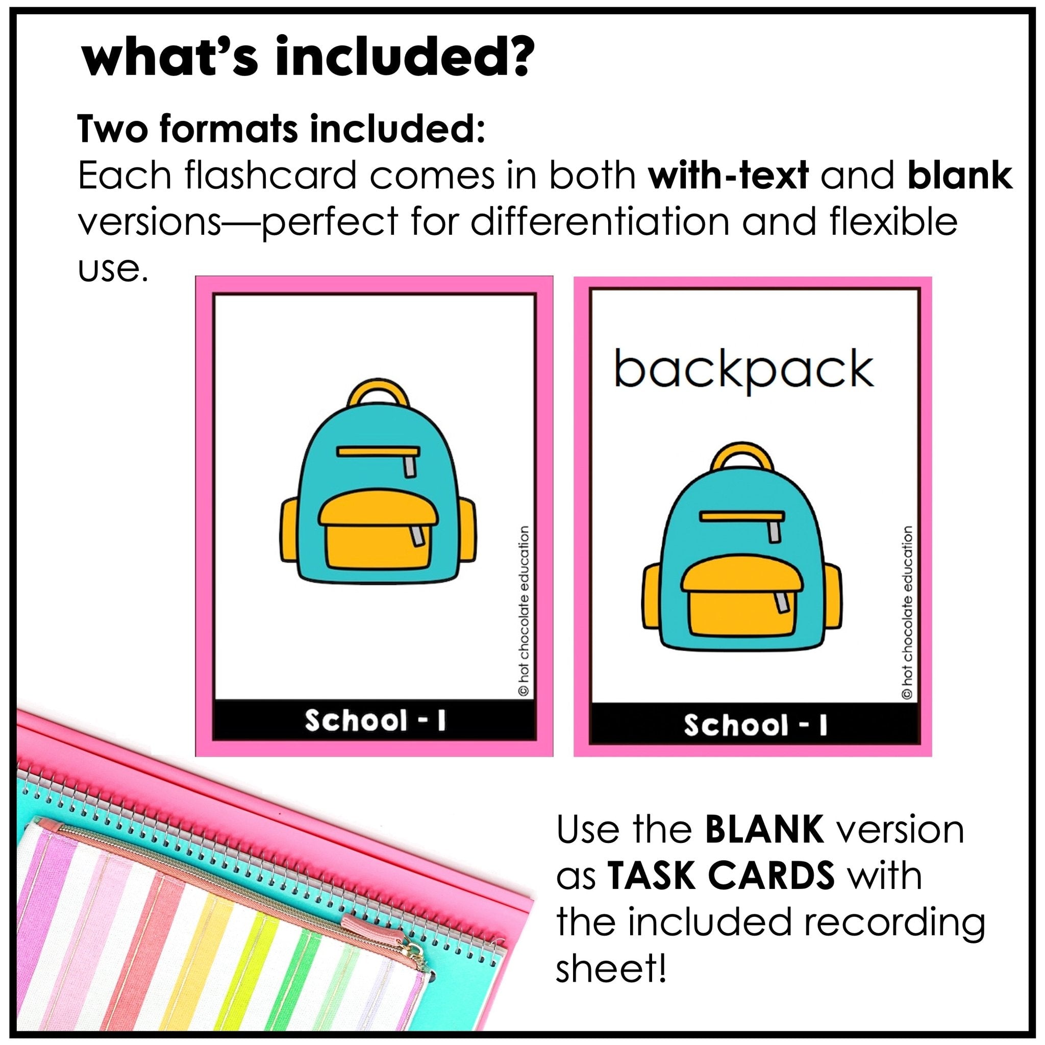 School Supplies & Classroom Vocabulary ESL Flashcards - Hot Chocolate Teachables