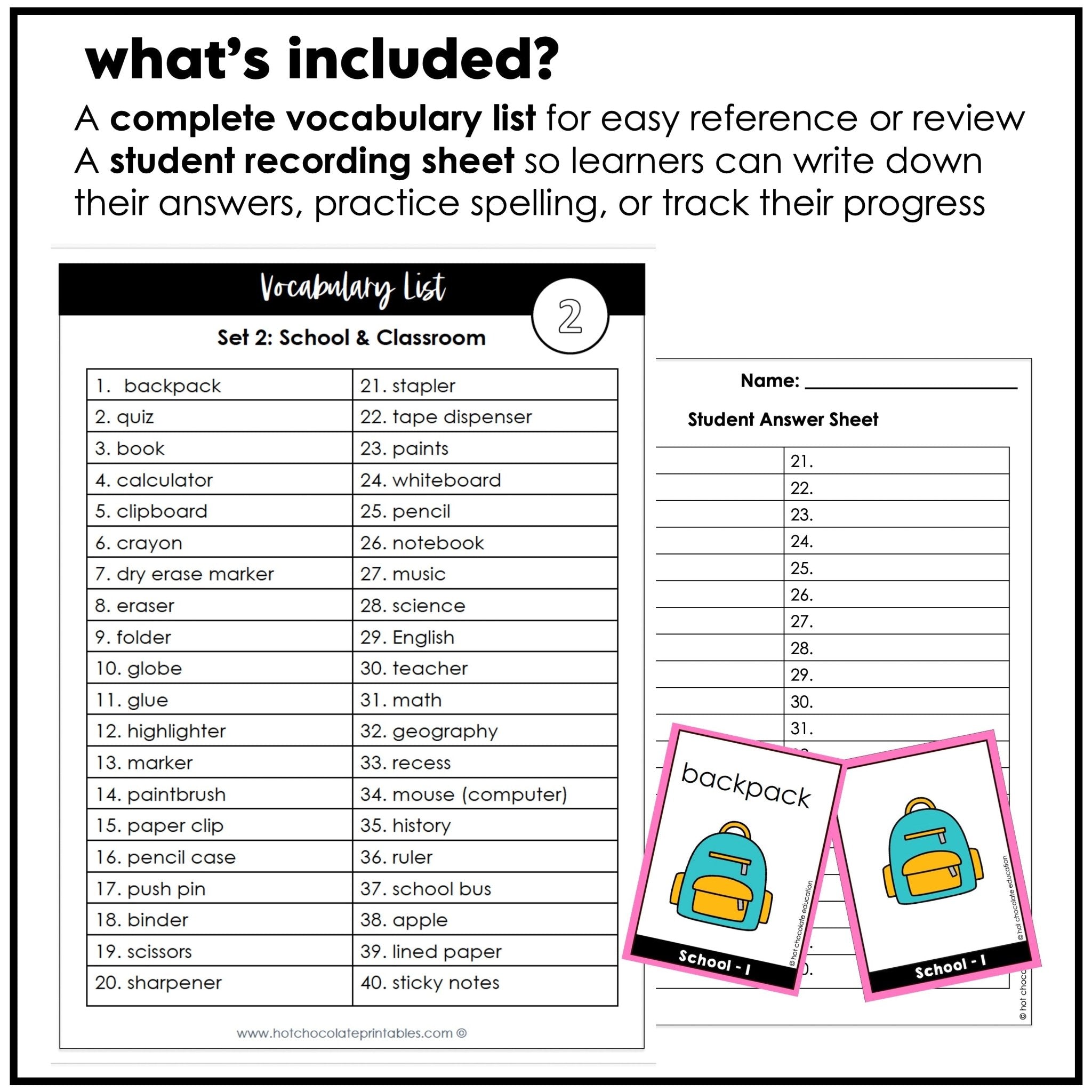 School Supplies & Classroom Vocabulary ESL Flashcards - Hot Chocolate Teachables
