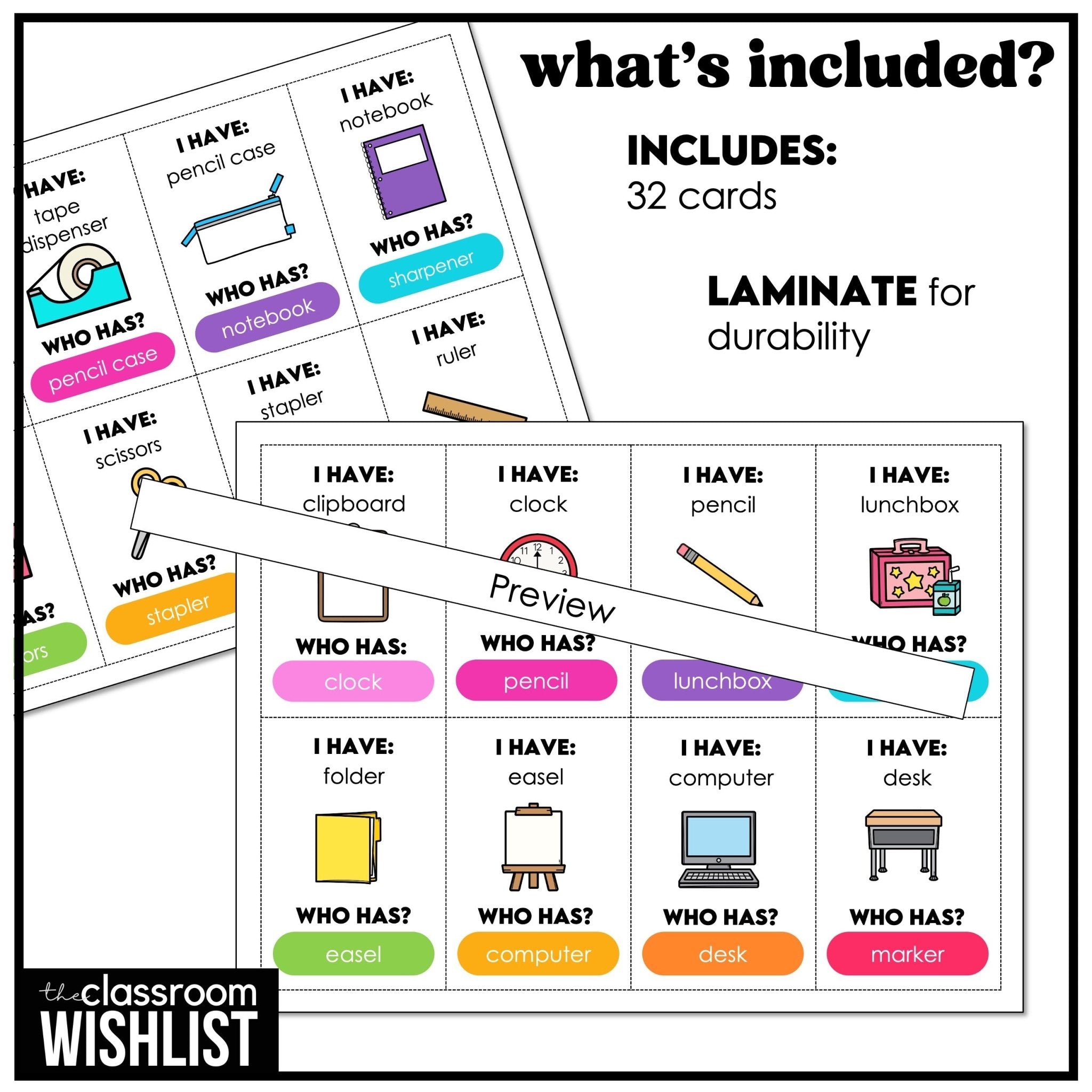 School Supplies - I Have, Who Has? Card Game | Classroom Vocabulary Activity - Hot Chocolate Teachables