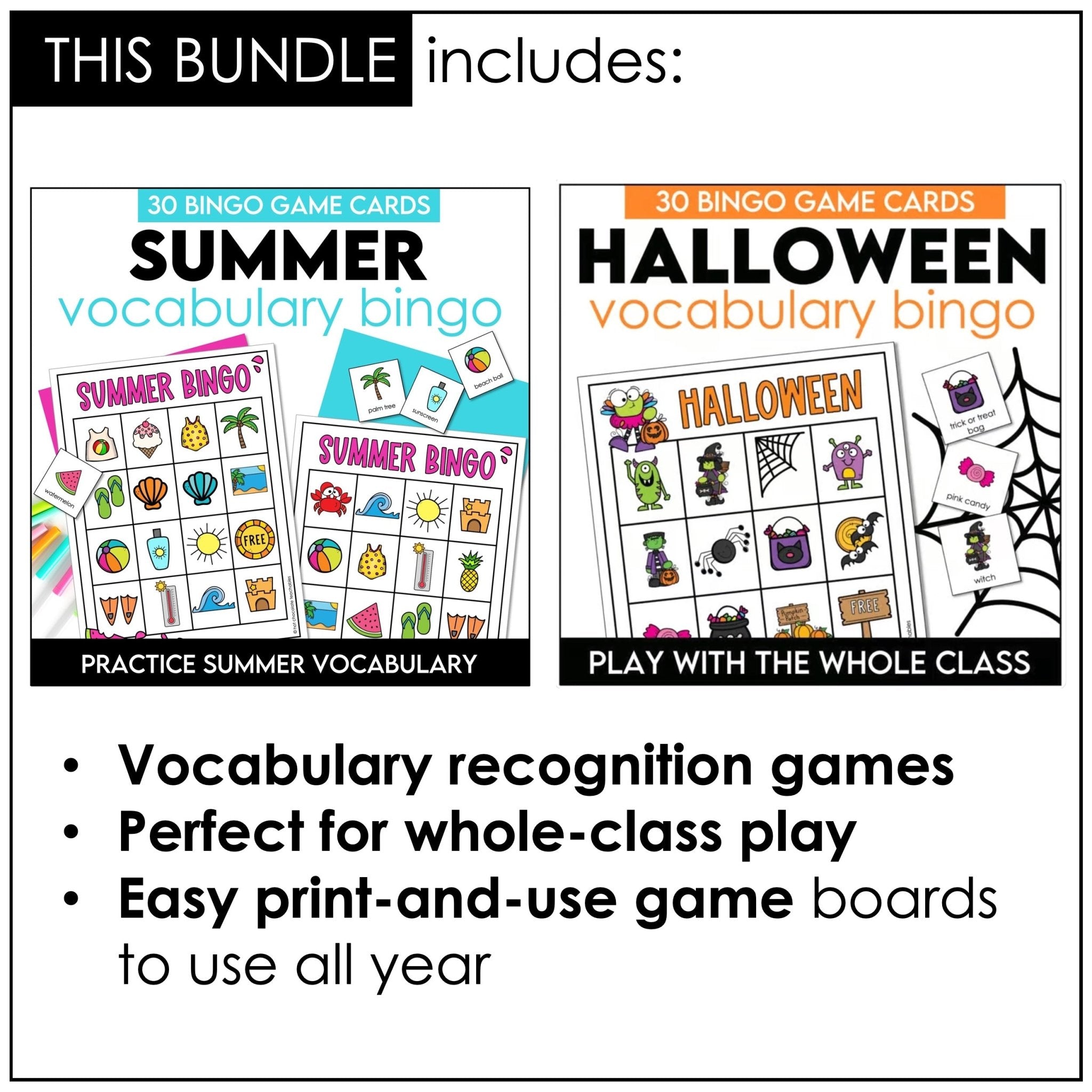 Seasonal Vocabulary Bingo Games Bundle – Valentine’s, Spring, Halloween, Thanksgiving & Christmas - Hot Chocolate Teachables