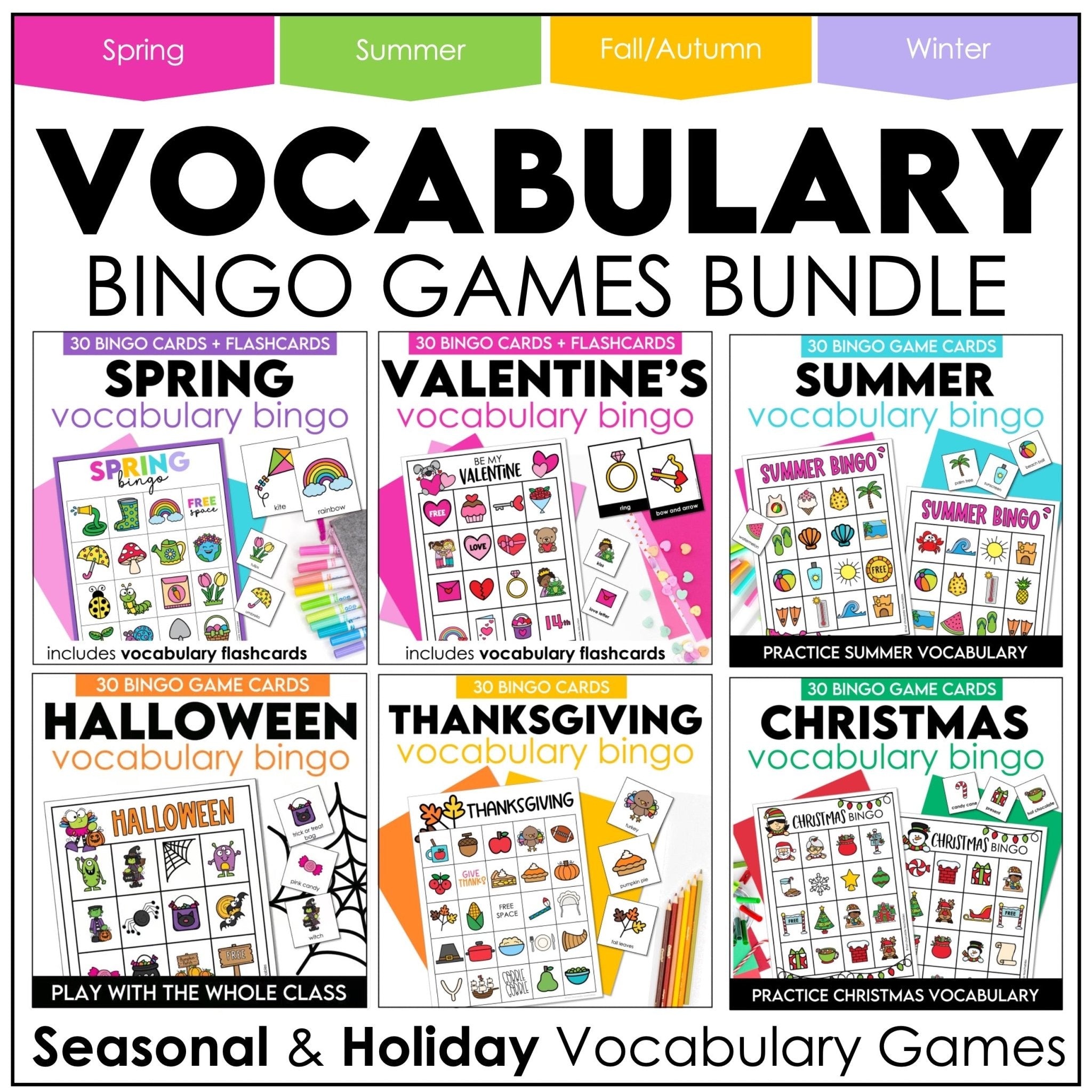 Seasonal Vocabulary Bingo Games Bundle – Valentine’s, Spring, Halloween, Thanksgiving & Christmas - Hot Chocolate Teachables