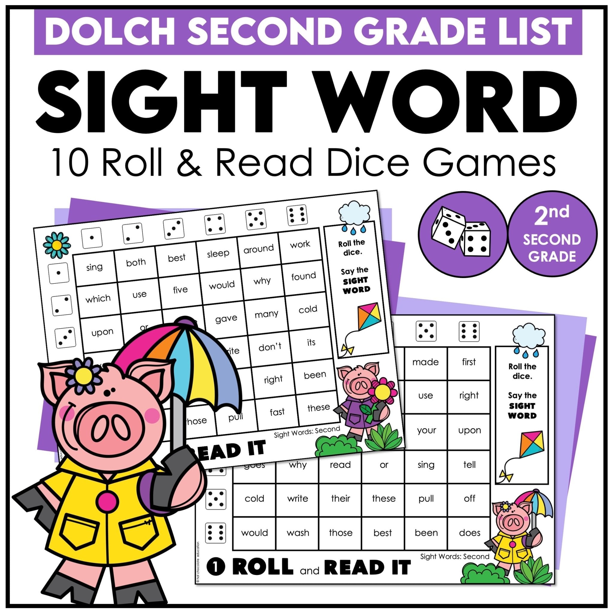 SECOND GRADE Sight Words Roll & Read Activity Boards - Dolch List - Hot Chocolate Teachables