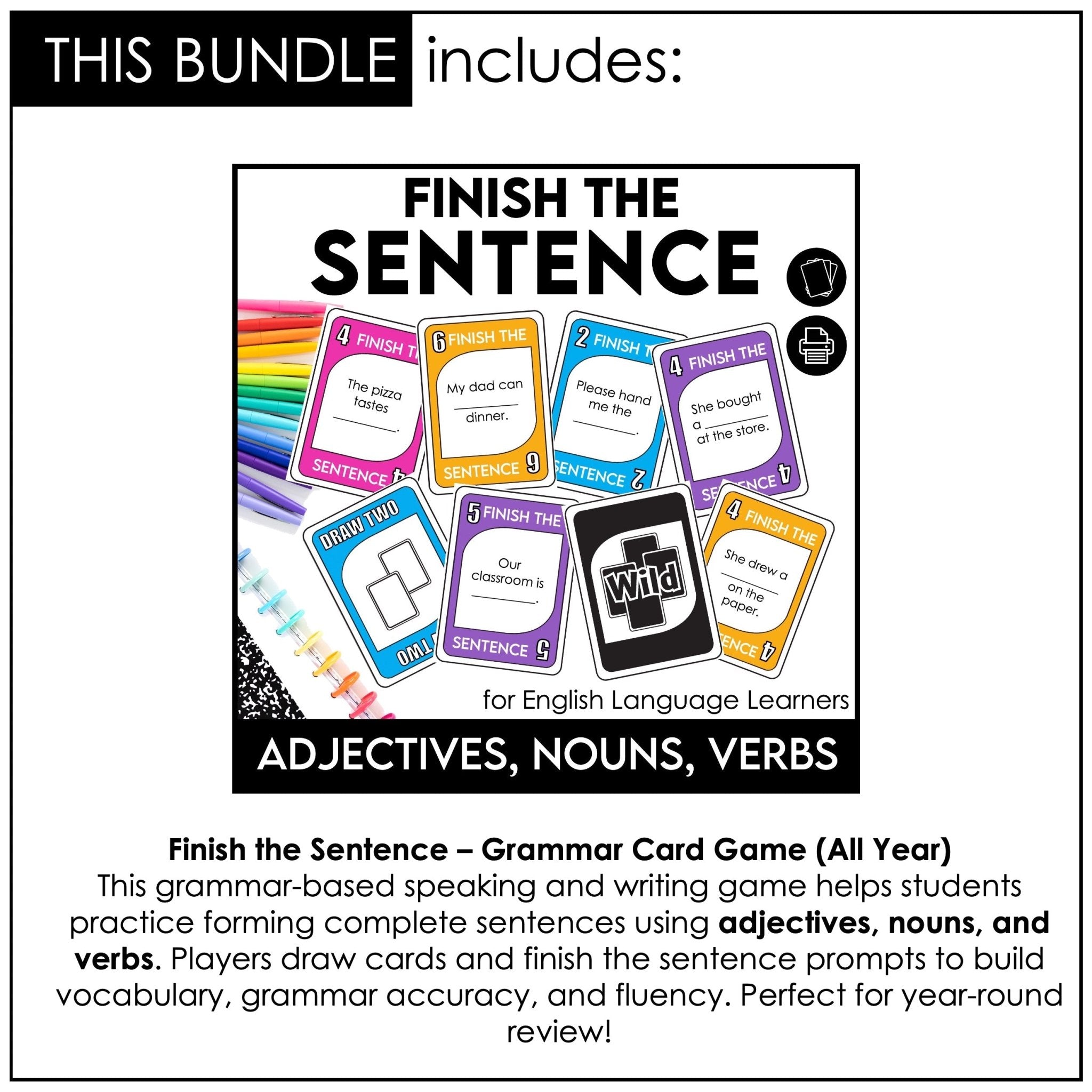 Sentence Building Card Game Bundle – Finish the Sentence Grammar Activities - Hot Chocolate Teachables