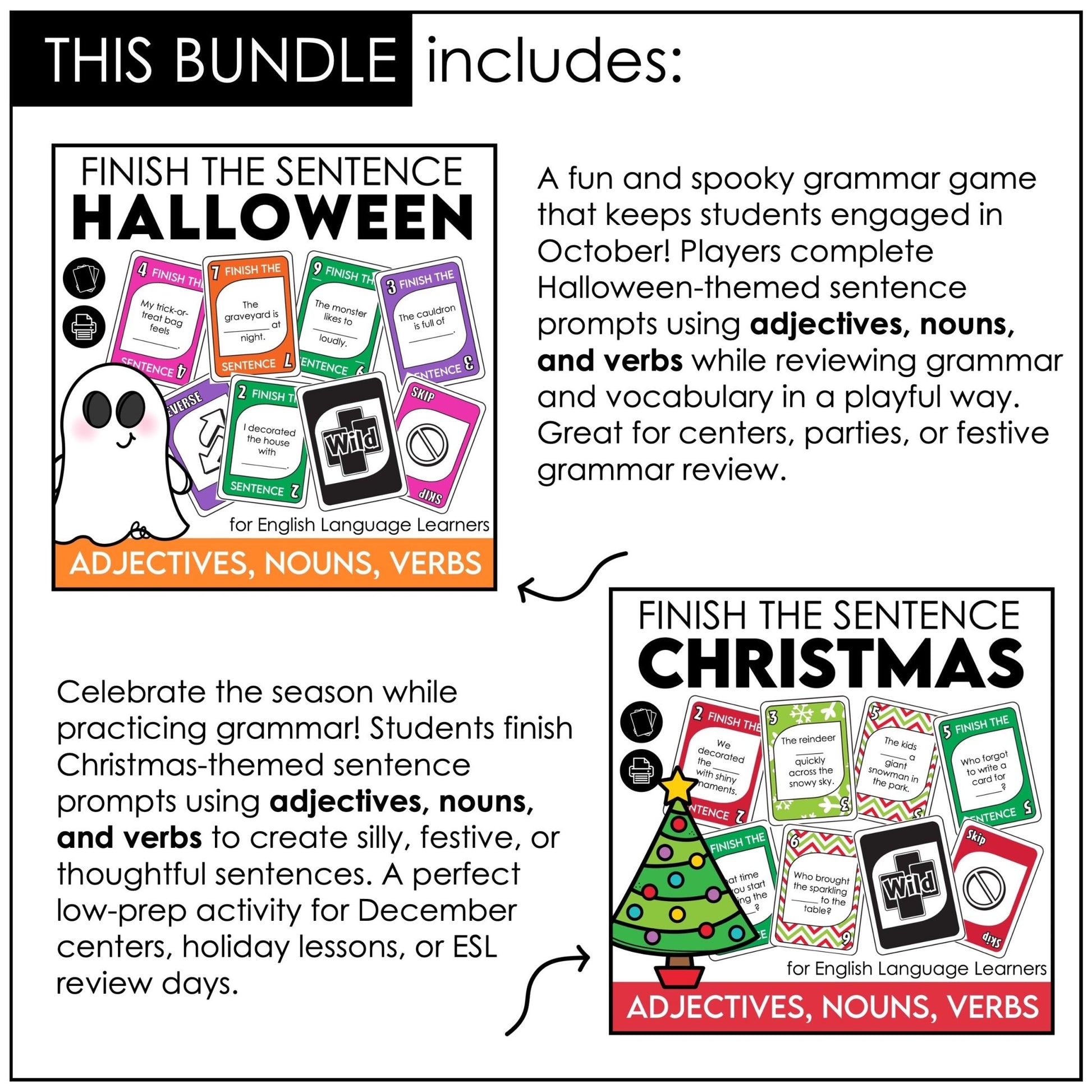 Sentence Building Card Game Bundle – Finish the Sentence Grammar Activities - Hot Chocolate Teachables