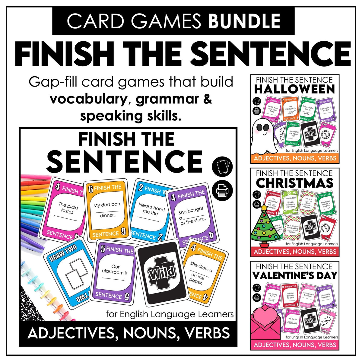 Sentence Sequence Game Finish the Sentence Grammar Game Bundle | ESL & ELA
