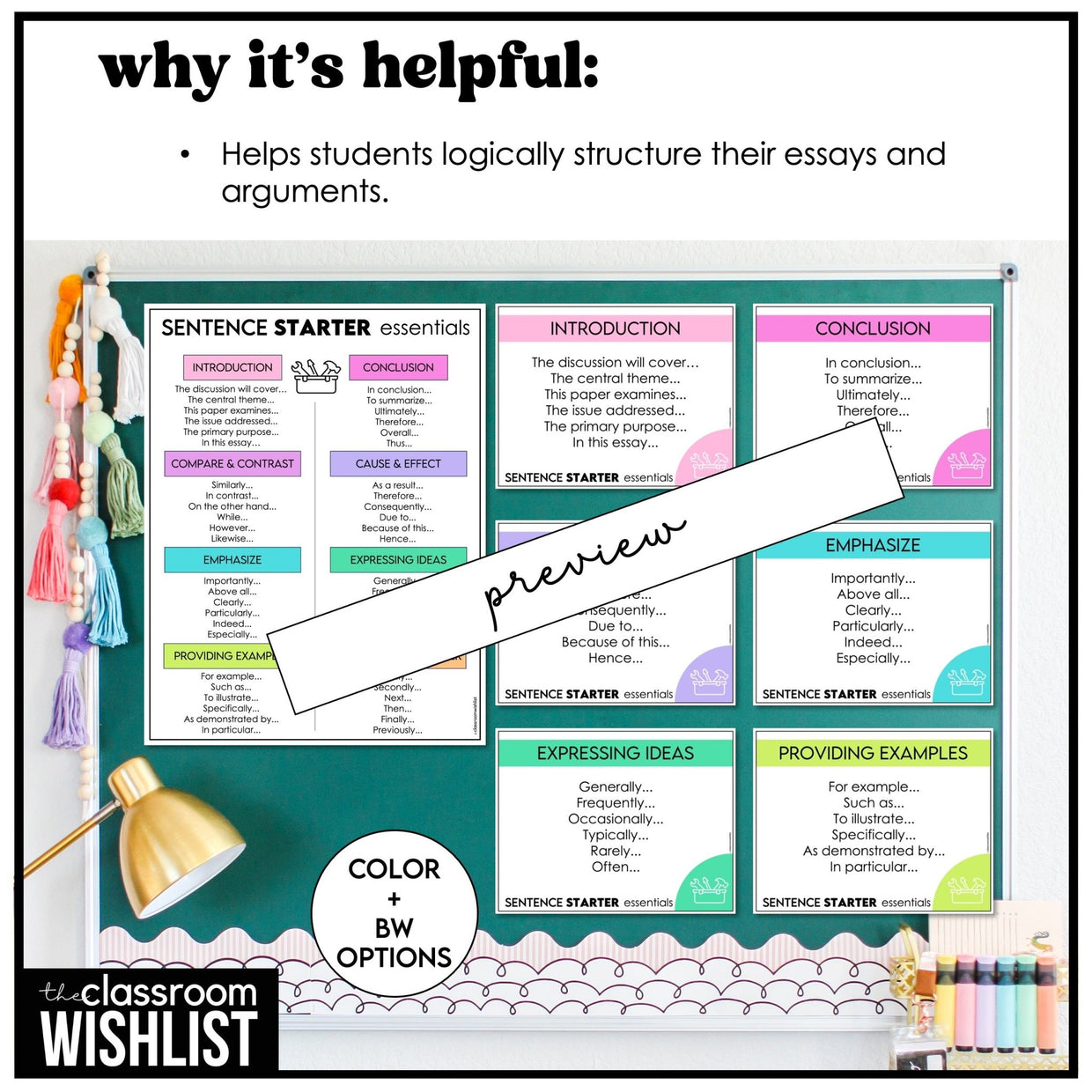 Sentence Starters Chart Writing Reference Tool for ESL EFL