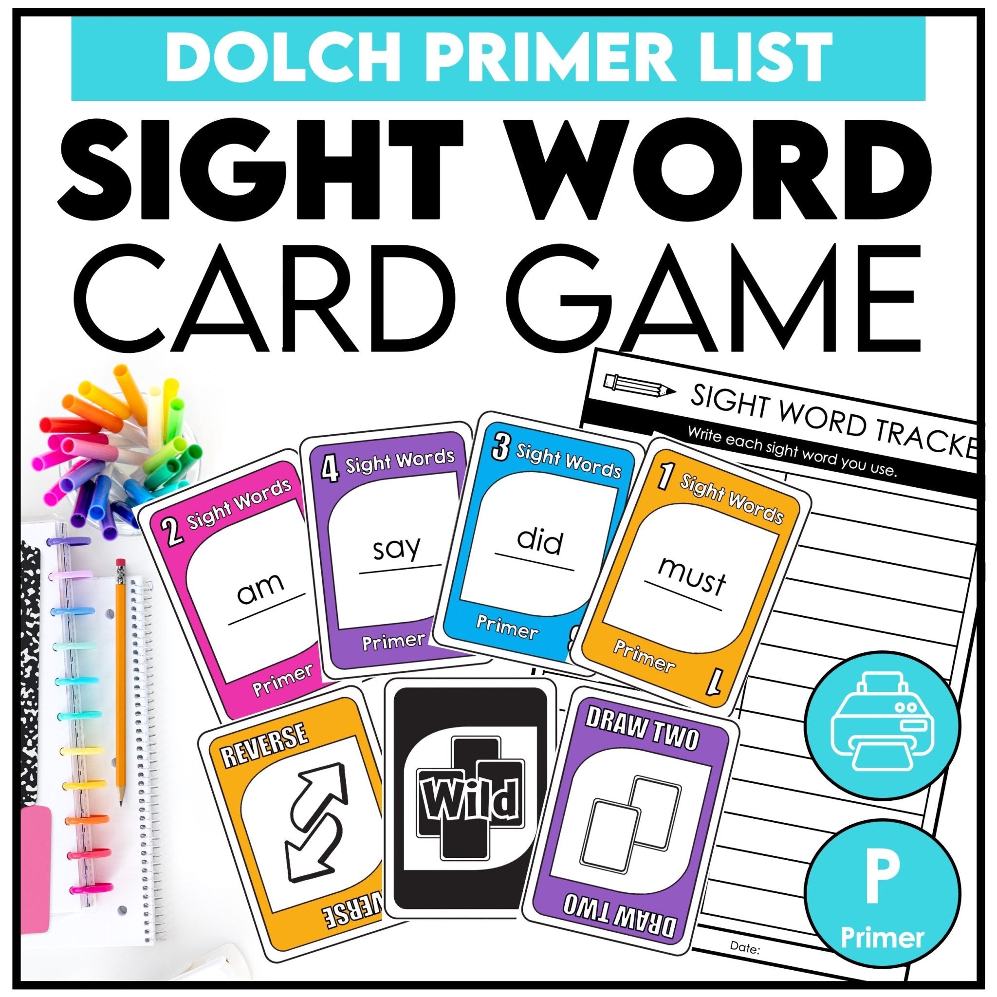Sight Word Reading Card Game | Primer Dolch List - Plays like UNO - Hot Chocolate Teachables