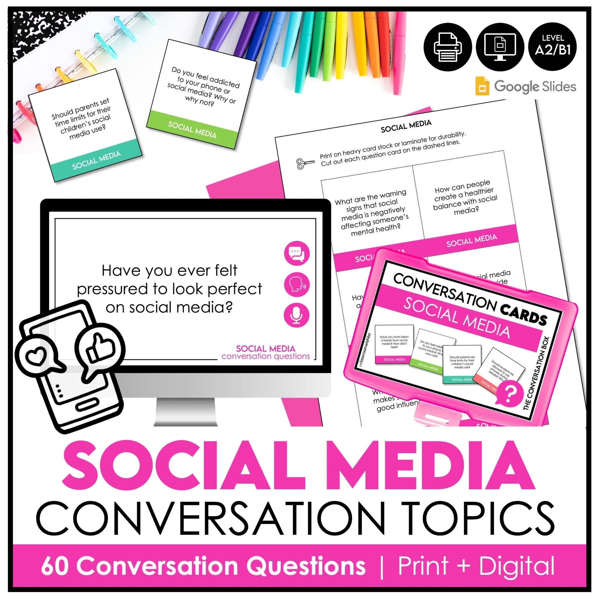 Social Media & Digital Life Conversation Cards | 60 ESL Discussion Questions - Hot Chocolate Teachables