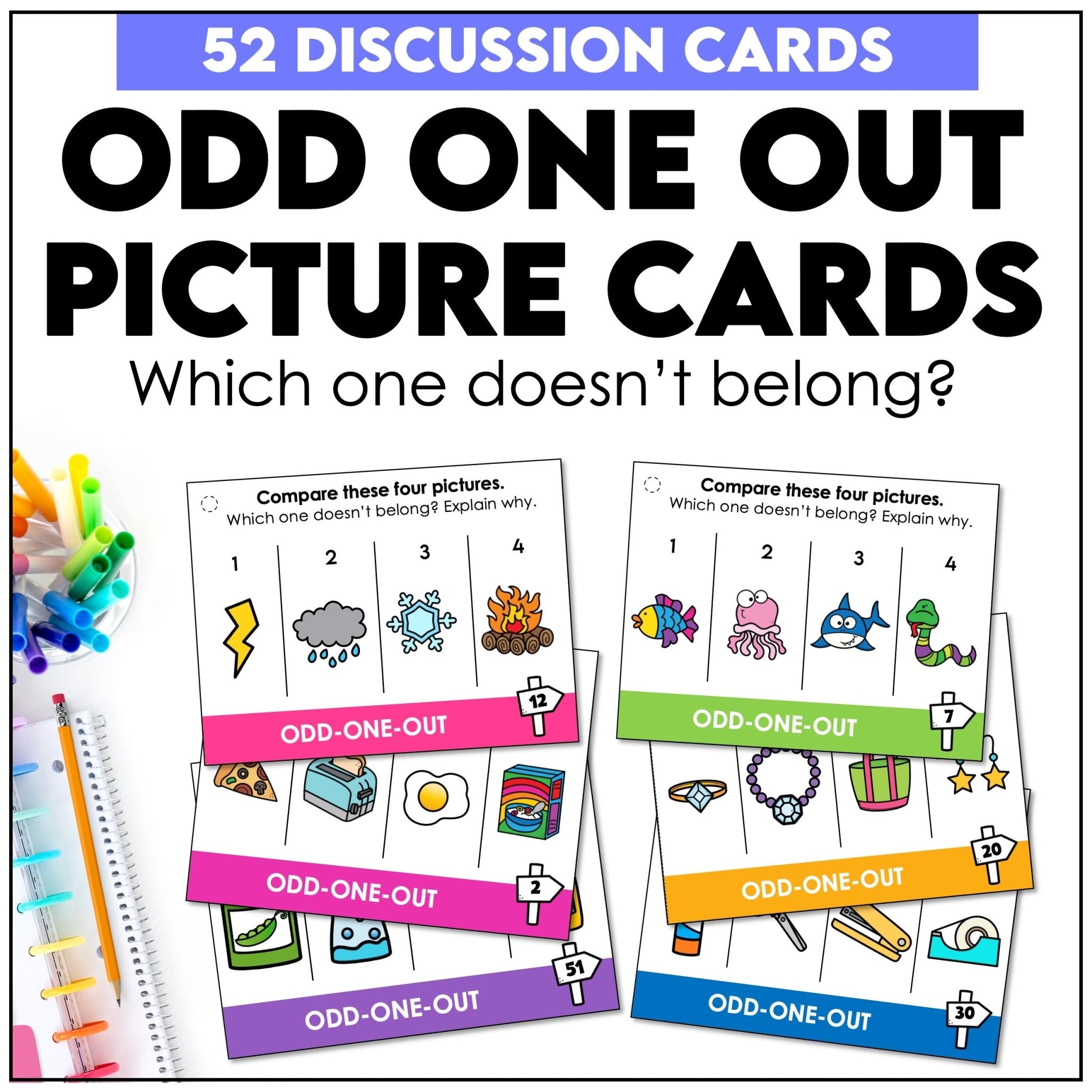 Odd-one-out picture cards for ESL speaking and critical thinking discussion