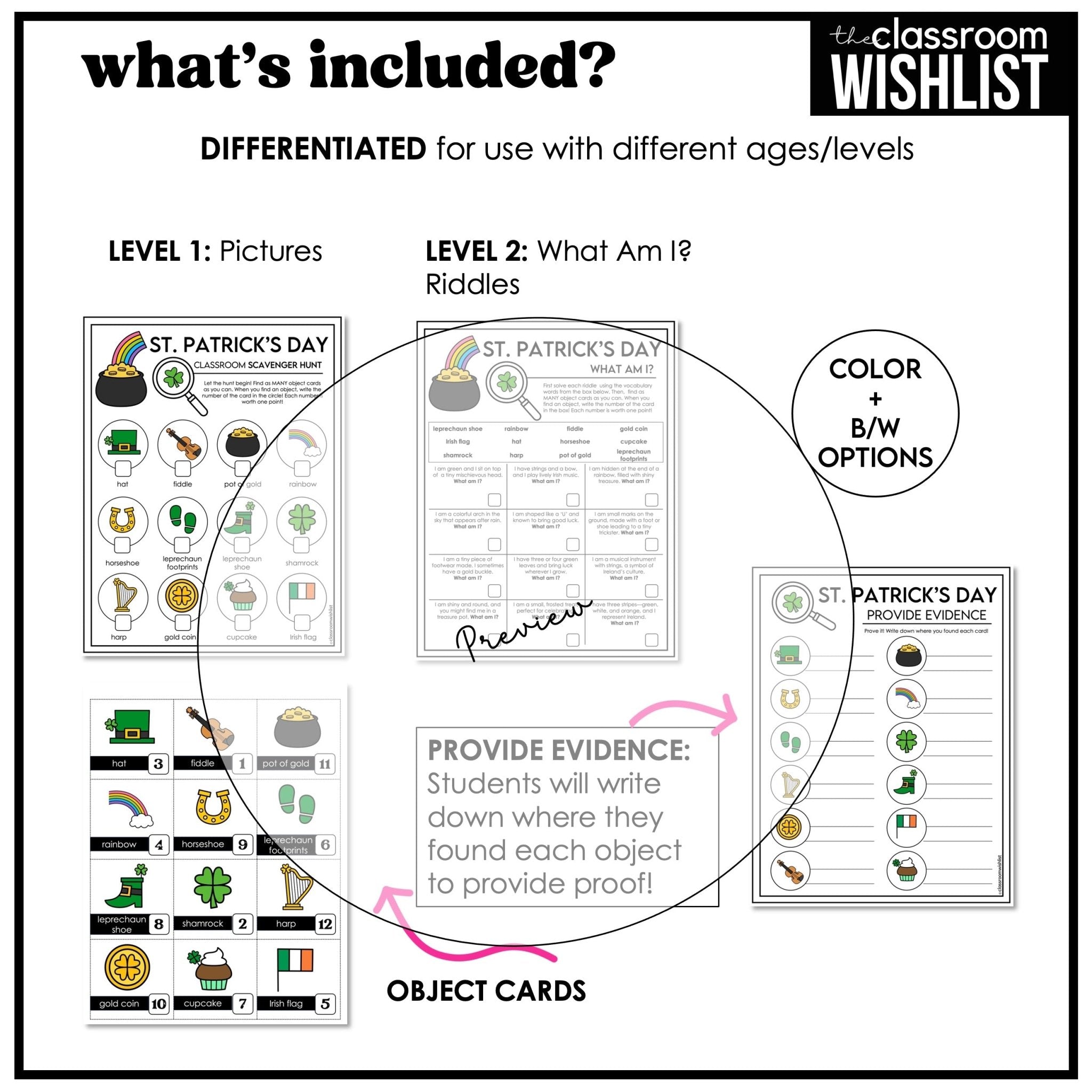 St. Patrick's Day Vocabulary Scavenger Hunt - Classroom Party Game with Clues - Hot Chocolate Teachables